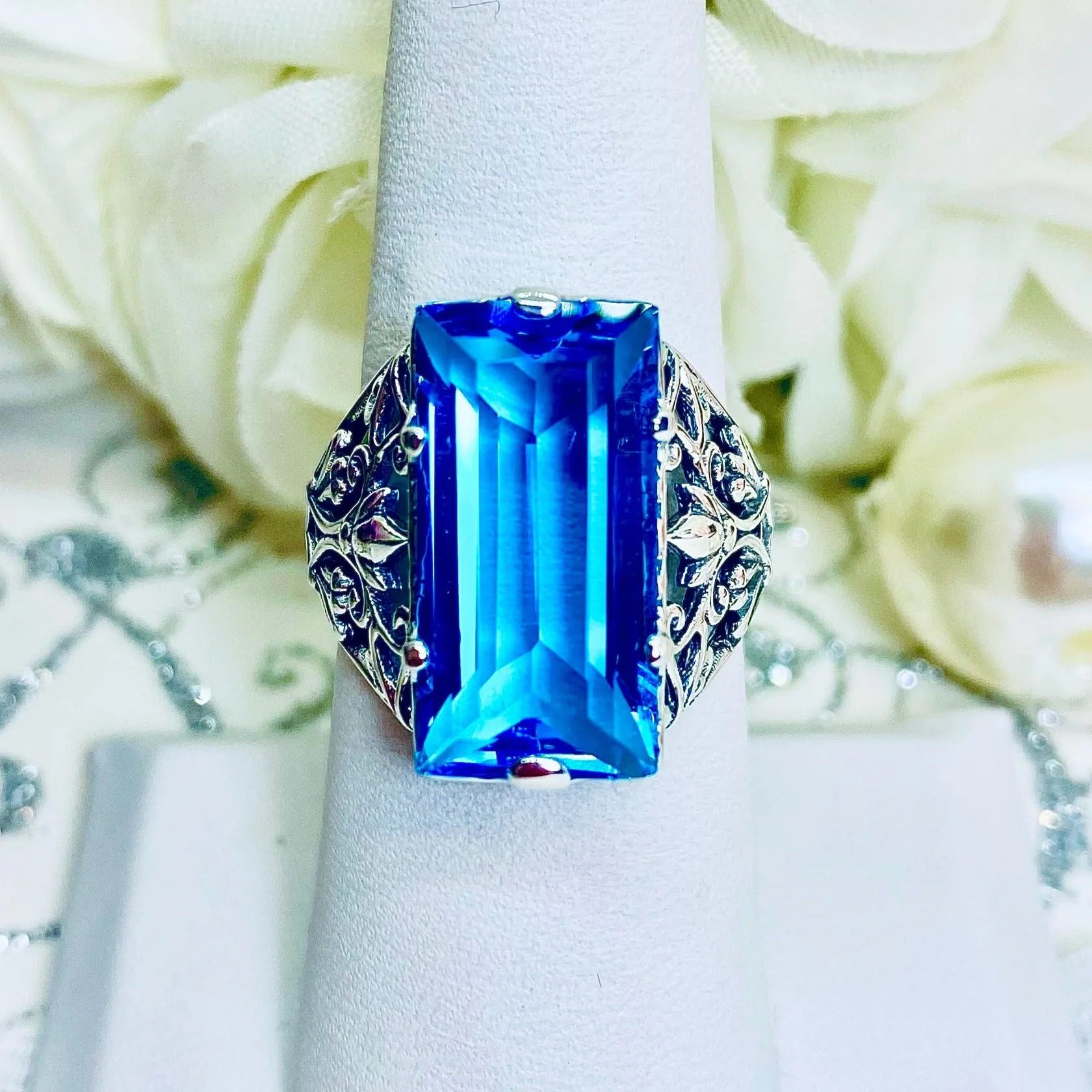 Aqua CZ Ring, Baguette Gem, Floral Leaf Filigree, Victorian Jewelry, D32