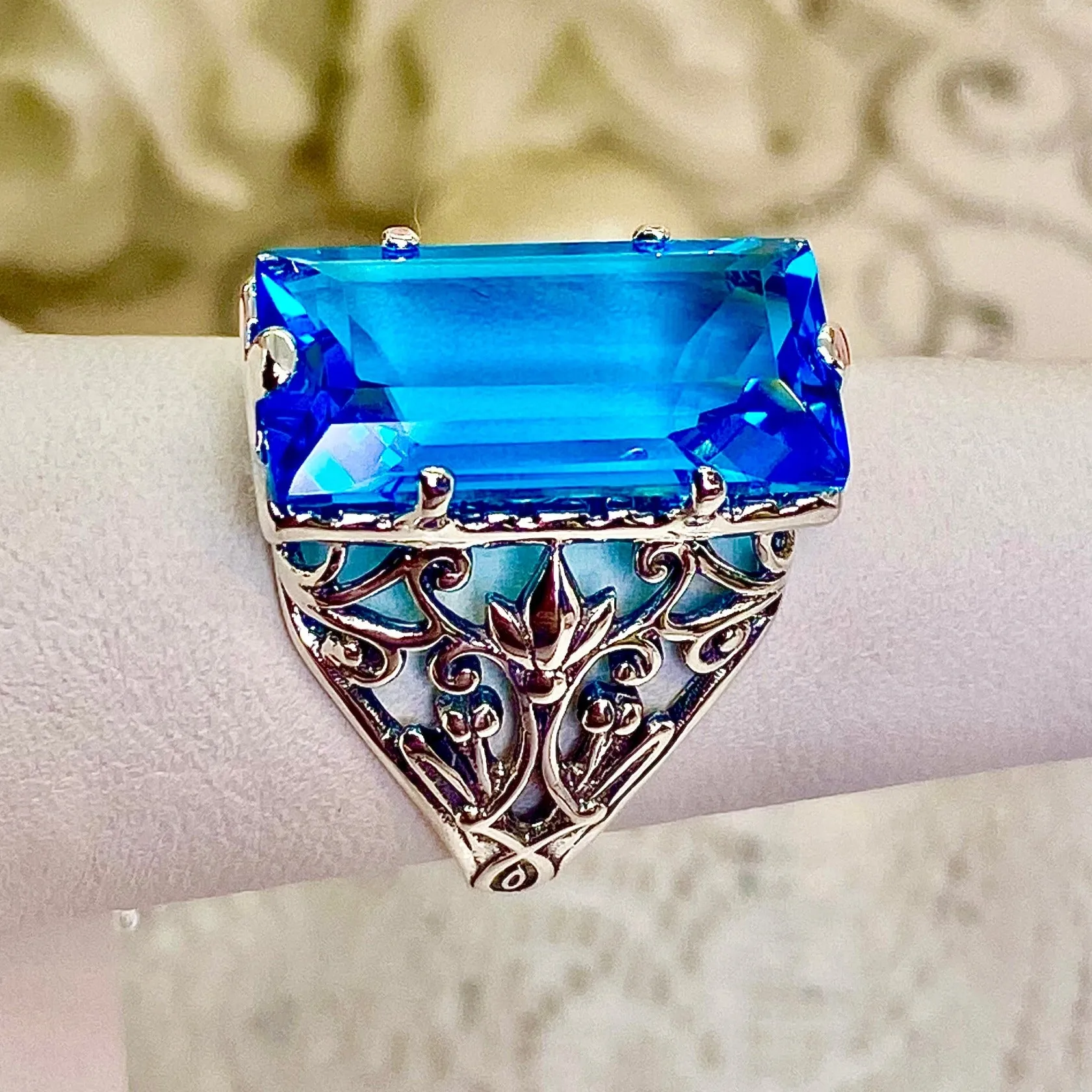 Aqua CZ Ring, Baguette Gem, Floral Leaf Filigree, Victorian Jewelry, D32