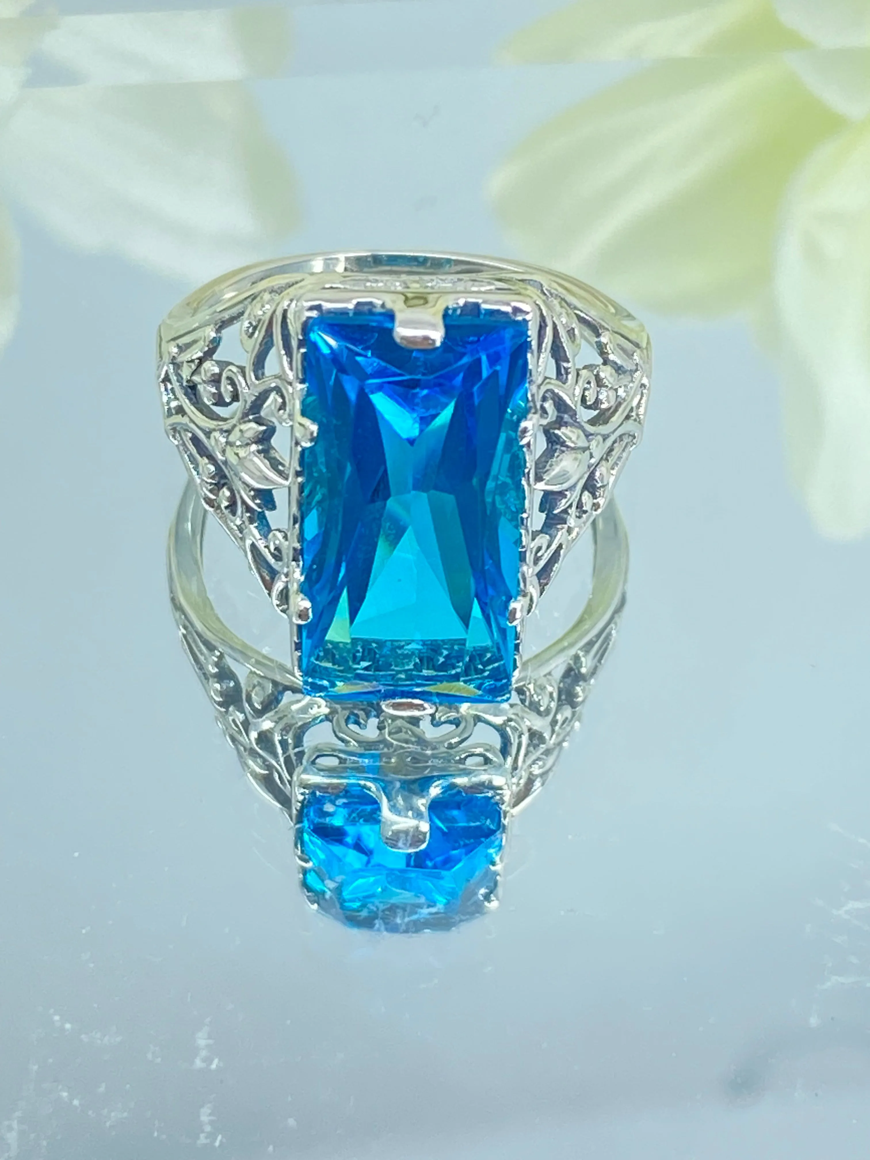 Aqua CZ Ring, Baguette Gem, Floral Leaf Filigree, Victorian Jewelry, D32