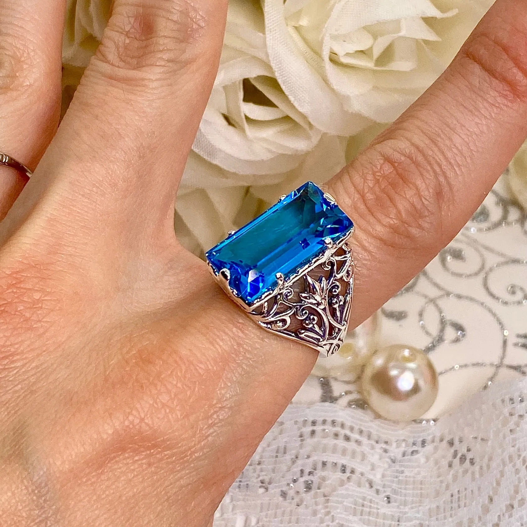 Aqua CZ Ring, Baguette Gem, Floral Leaf Filigree, Victorian Jewelry, D32