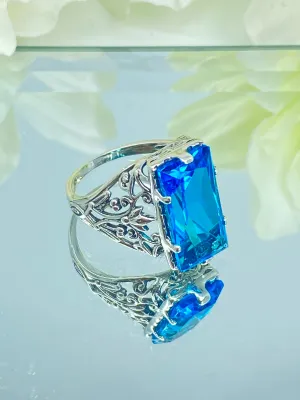 Aqua CZ Ring, Baguette Gem, Floral Leaf Filigree, Victorian Jewelry, D32