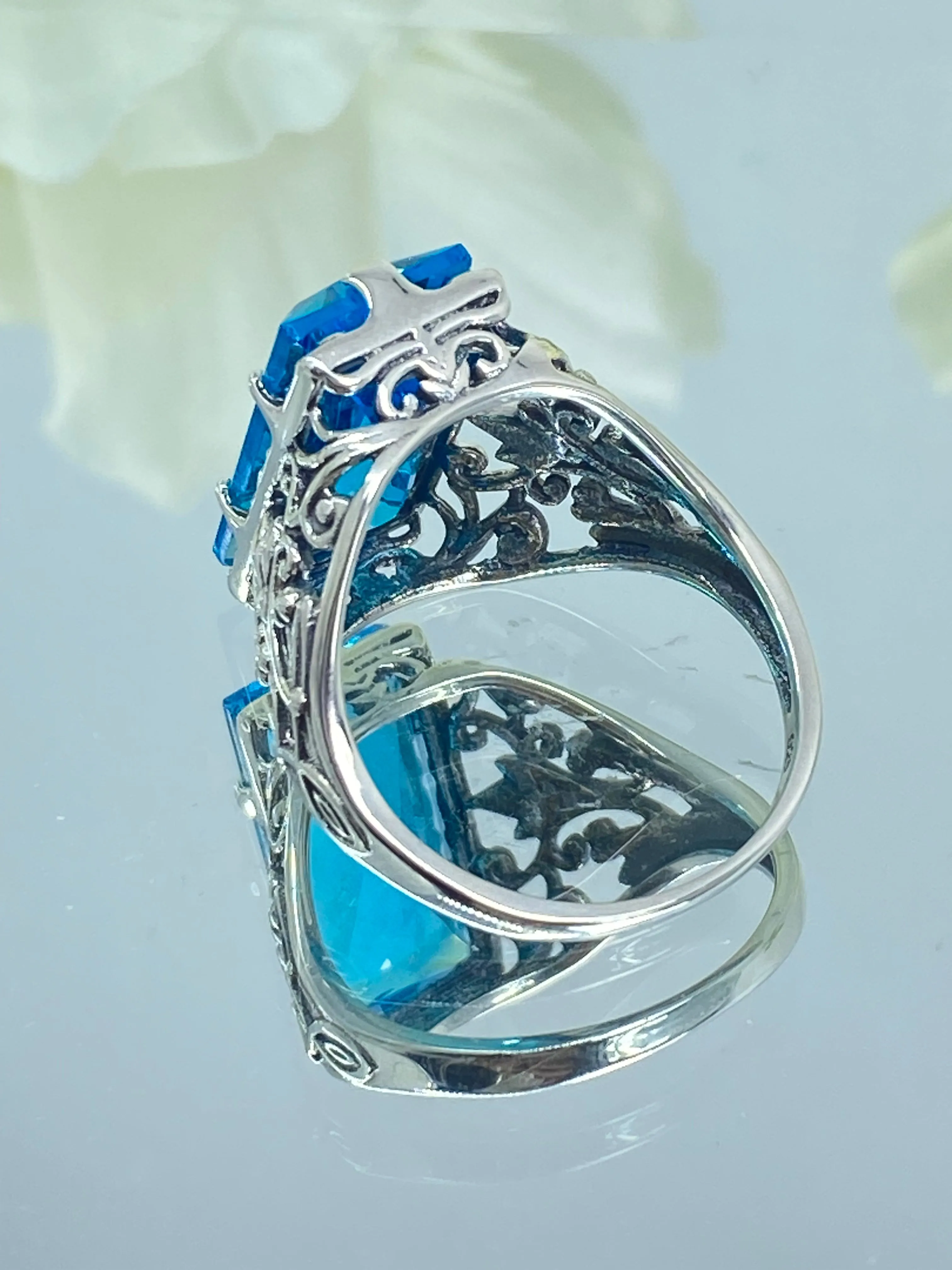 Aqua CZ Ring, Baguette Gem, Floral Leaf Filigree, Victorian Jewelry, D32