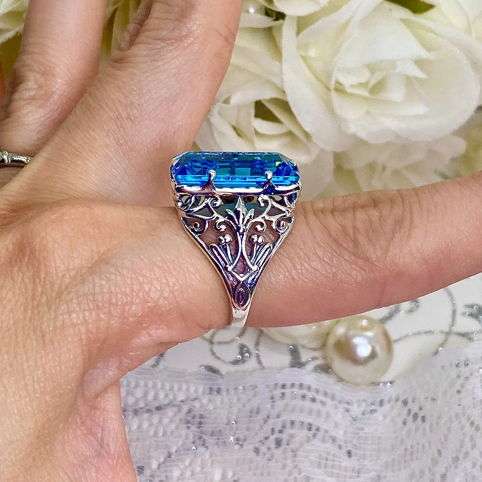 Aqua CZ Ring, Baguette Gem, Floral Leaf Filigree, Victorian Jewelry, D32