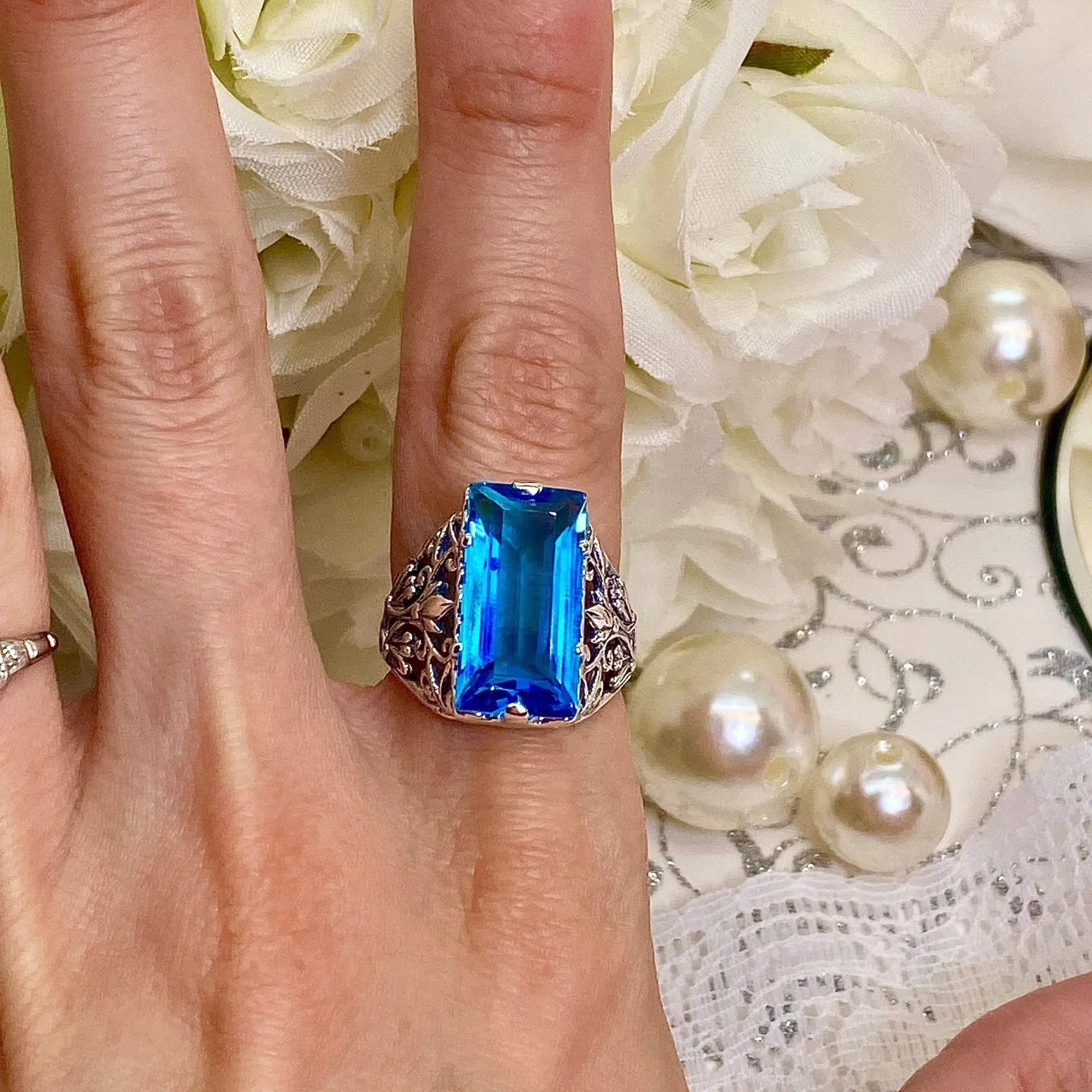Aqua CZ Ring, Baguette Gem, Floral Leaf Filigree, Victorian Jewelry, D32