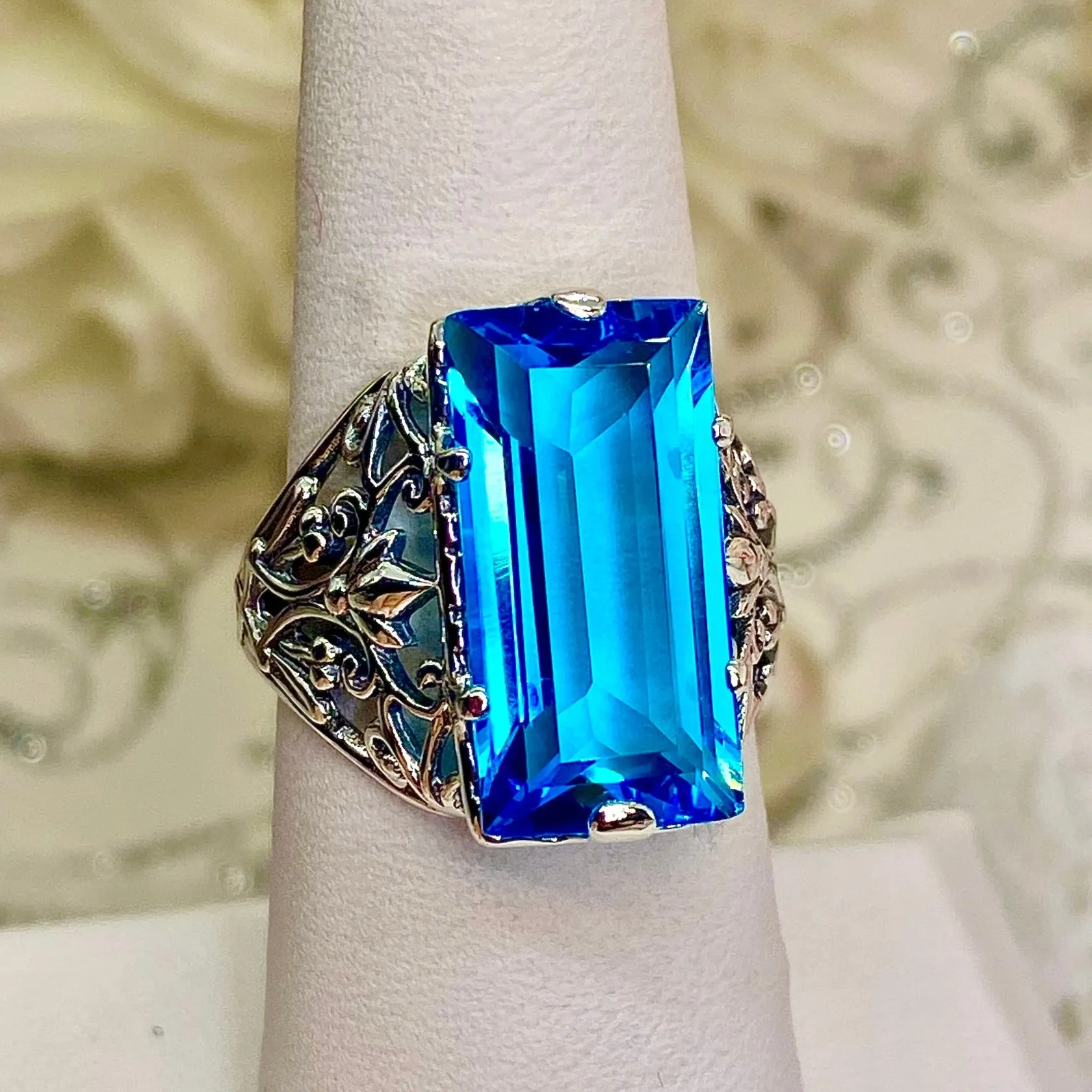 Aqua CZ Ring, Baguette Gem, Floral Leaf Filigree, Victorian Jewelry, D32