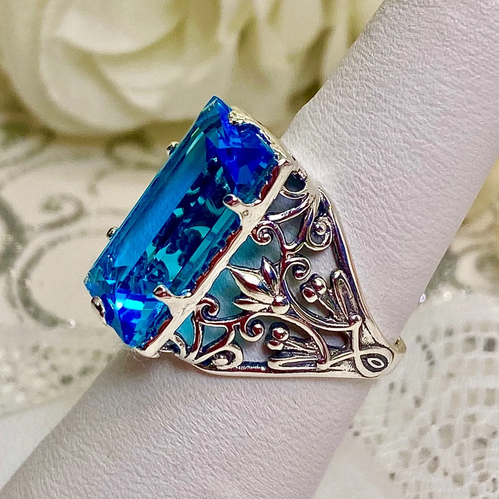 Aqua CZ Ring, Baguette Gem, Floral Leaf Filigree, Victorian Jewelry, D32