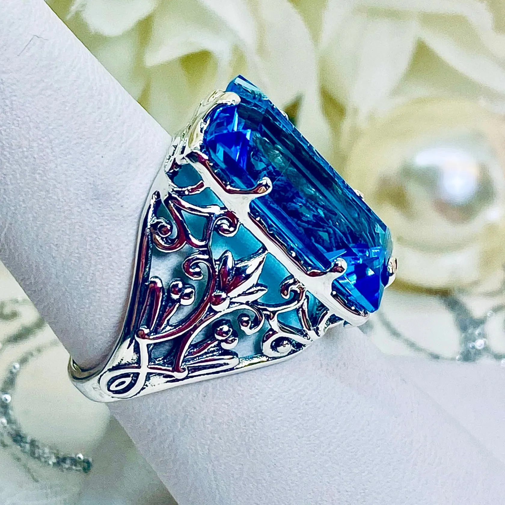 Aqua CZ Ring, Baguette Gem, Floral Leaf Filigree, Victorian Jewelry, D32