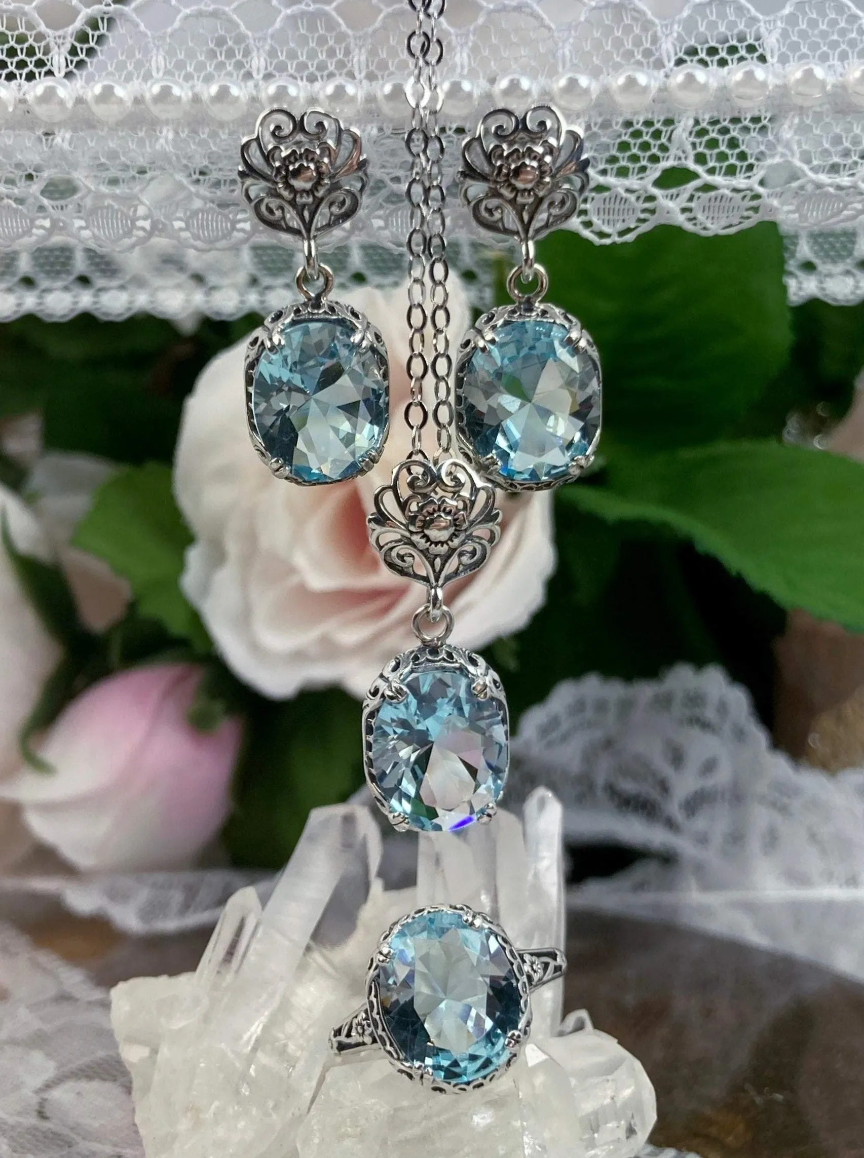 Aquamarine Jewelry Set, Edwardian Set of Sky Blue Earrings, Pendant & Ring #S70z