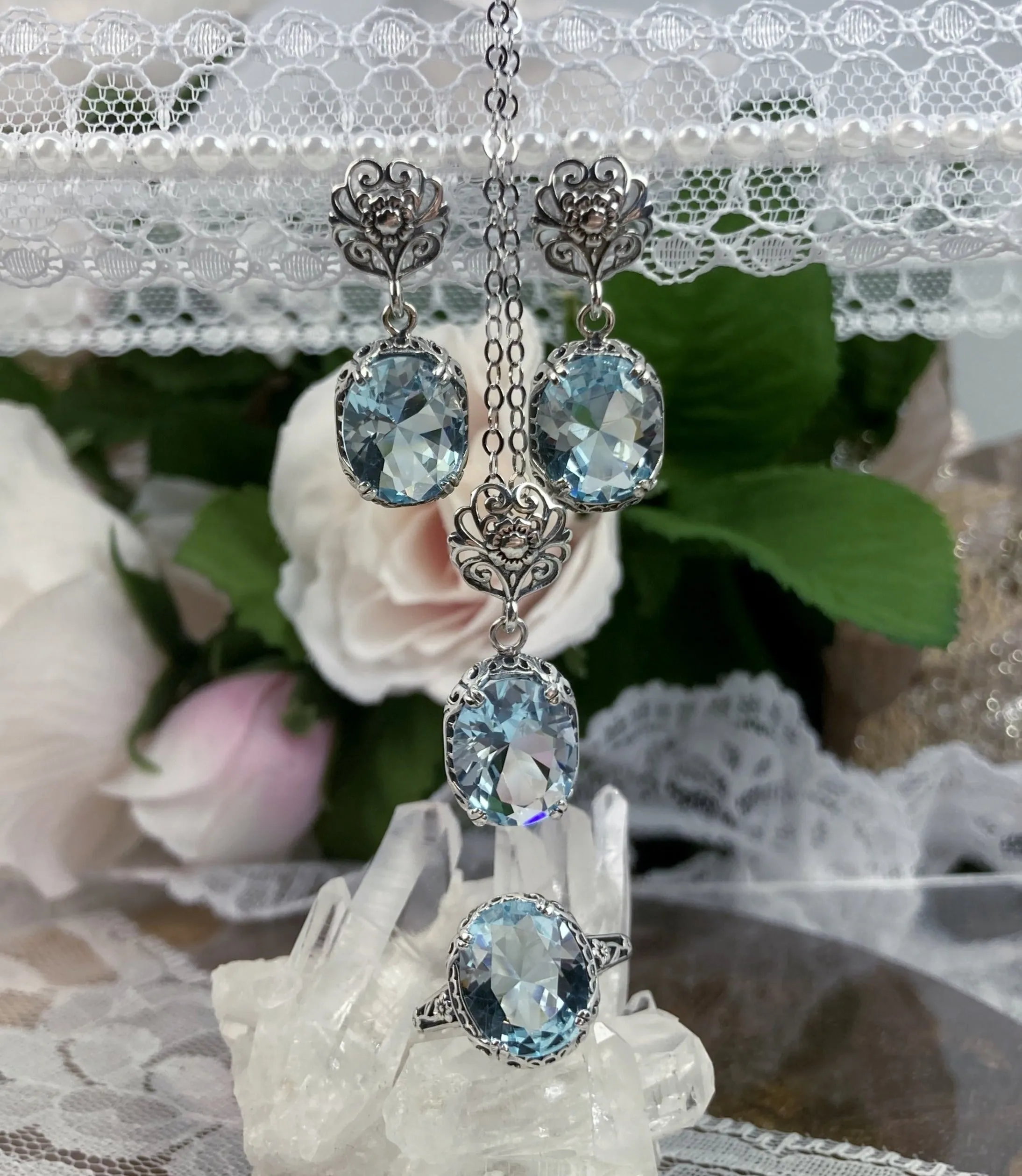 Aquamarine Jewelry Set, Edwardian Set of Sky Blue Earrings, Pendant & Ring #S70z