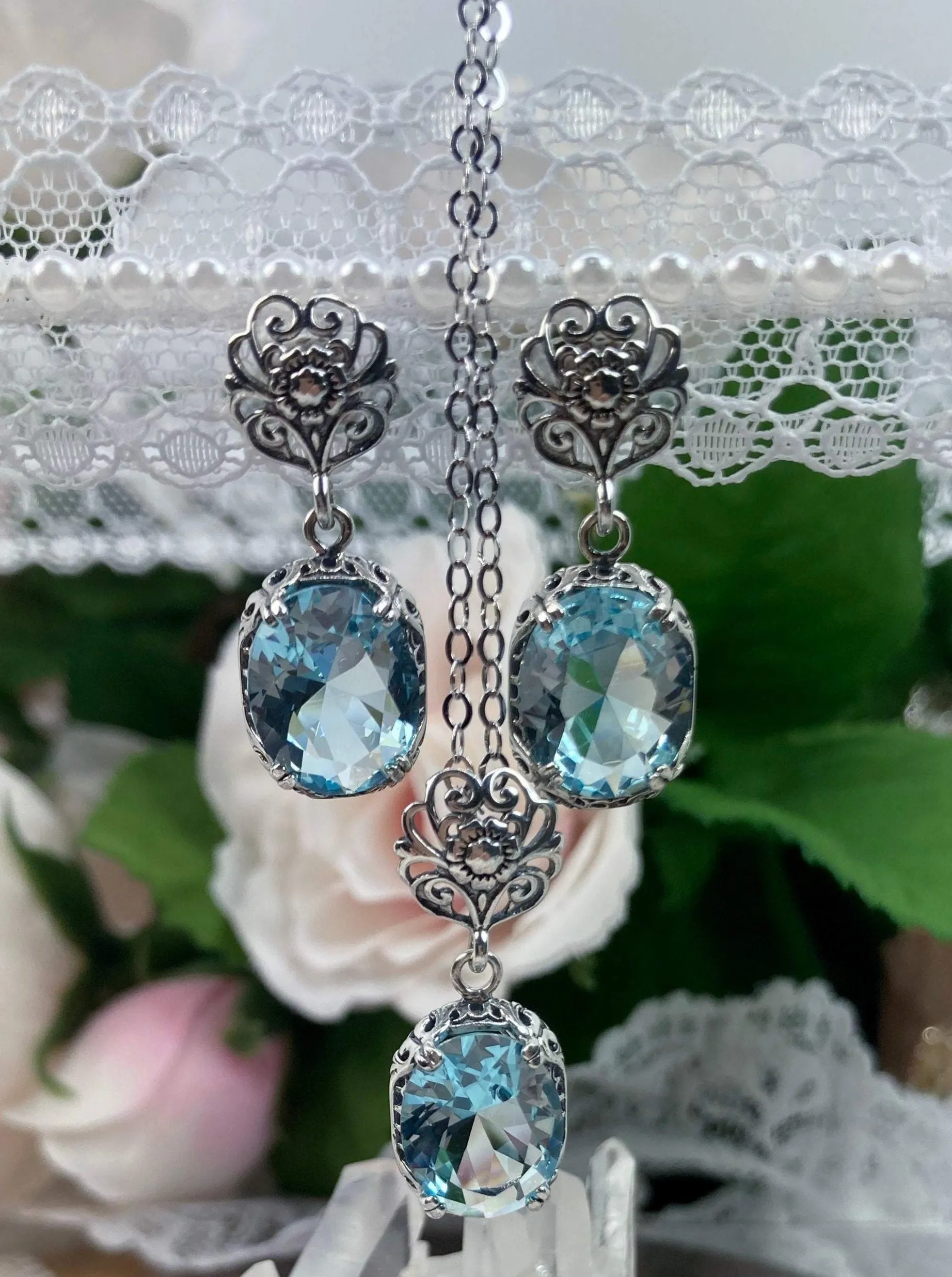 Aquamarine Jewelry Set, Edwardian Set of Sky Blue Earrings, Pendant & Ring #S70z