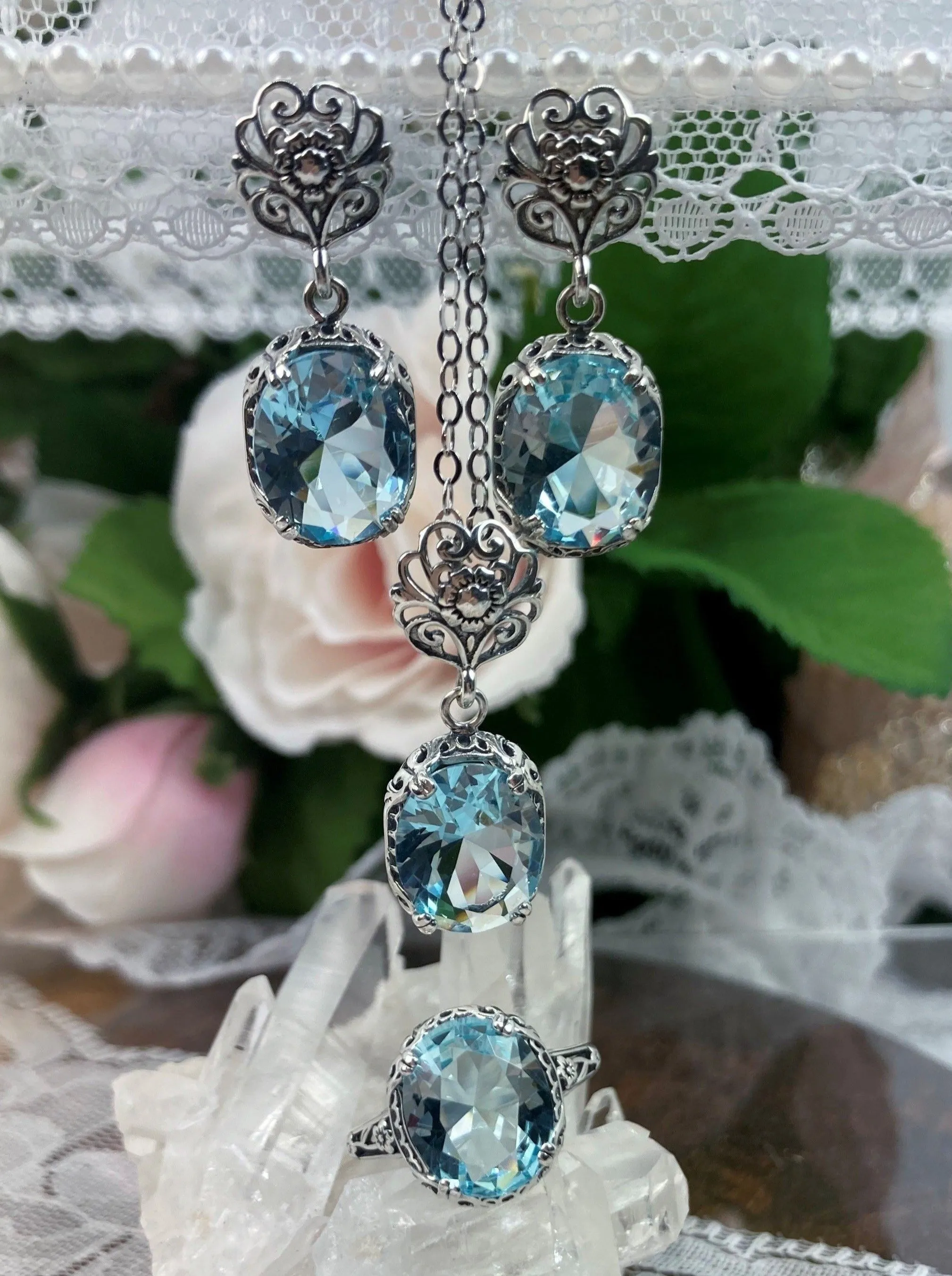 Aquamarine Jewelry Set, Edwardian Set of Sky Blue Earrings, Pendant & Ring #S70z