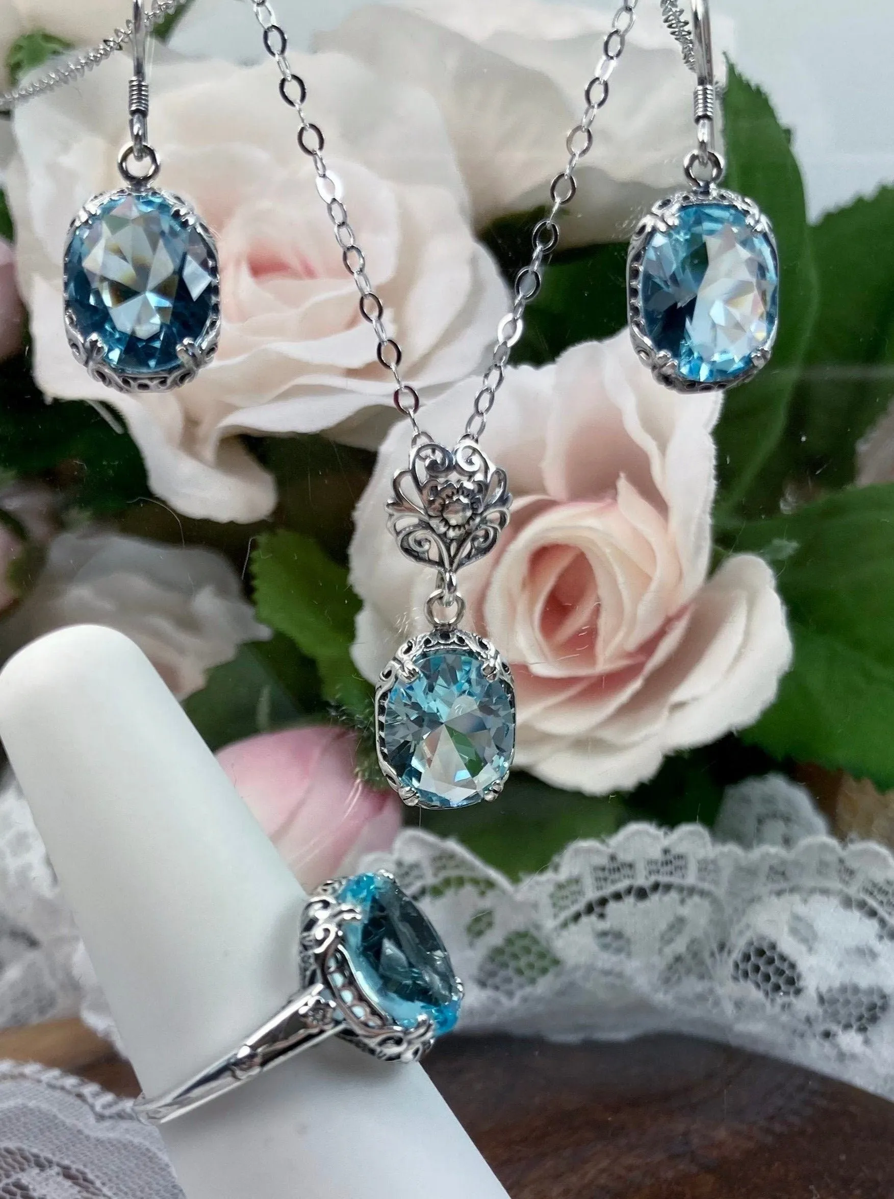 Aquamarine Jewelry Set, Edwardian Set of Sky Blue Earrings, Pendant & Ring #S70z