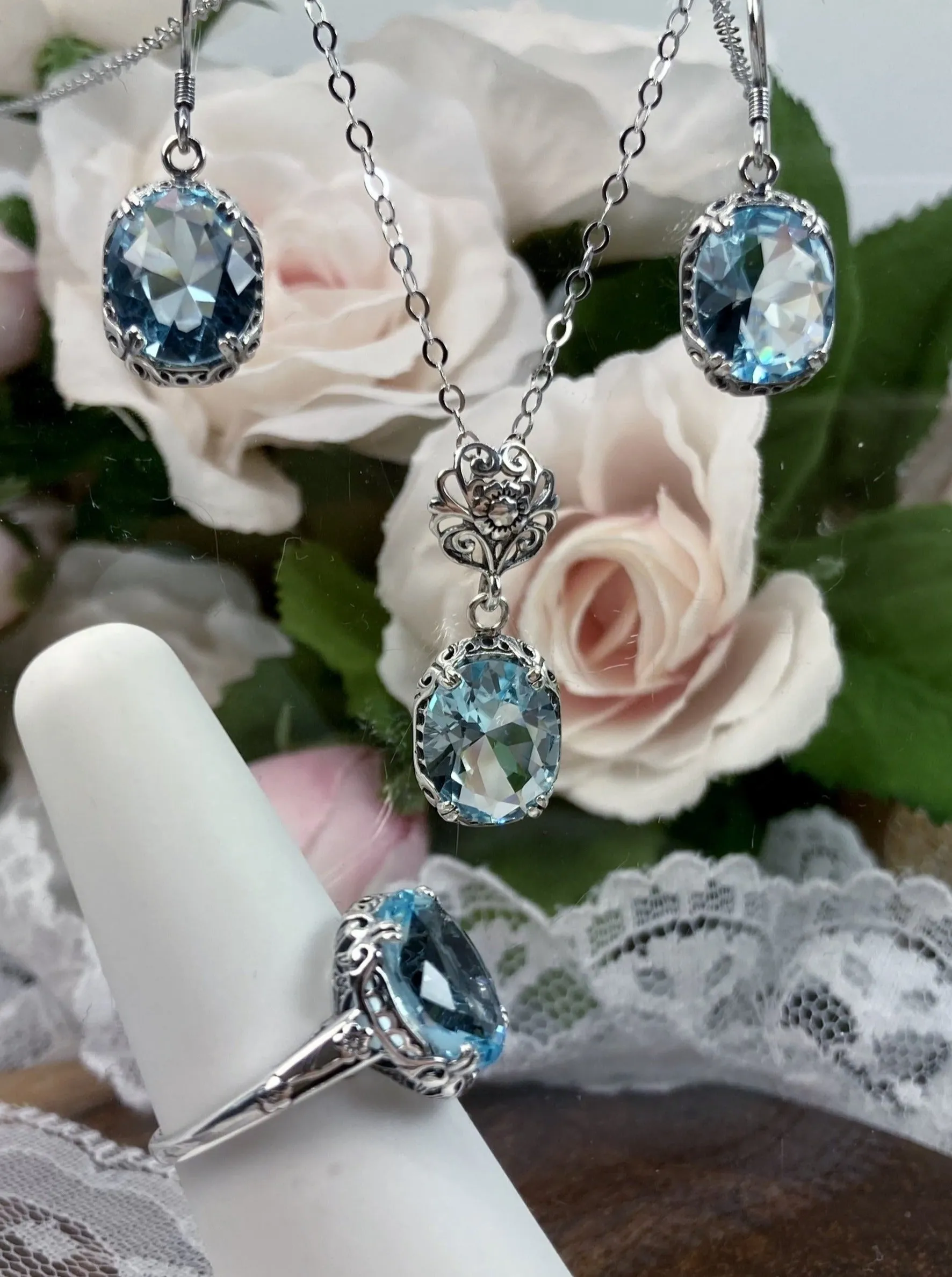Aquamarine Jewelry Set, Edwardian Set of Sky Blue Earrings, Pendant & Ring #S70z