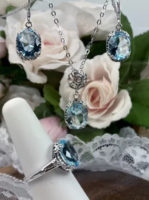 Aquamarine Jewelry Set, Edwardian Set of Sky Blue Earrings, Pendant & Ring #S70z