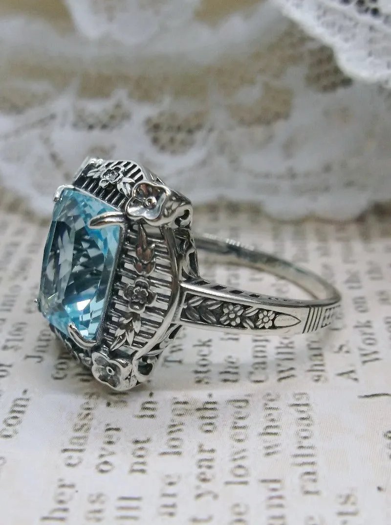 Aquamarine Picture Frame Ring, Victorian Floral Filigree Jewelry #D227