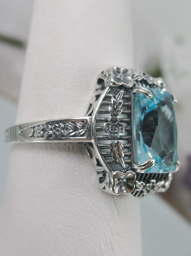 Aquamarine Picture Frame Ring, Victorian Floral Filigree Jewelry #D227