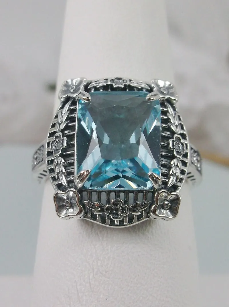 Aquamarine Picture Frame Ring, Victorian Floral Filigree Jewelry #D227