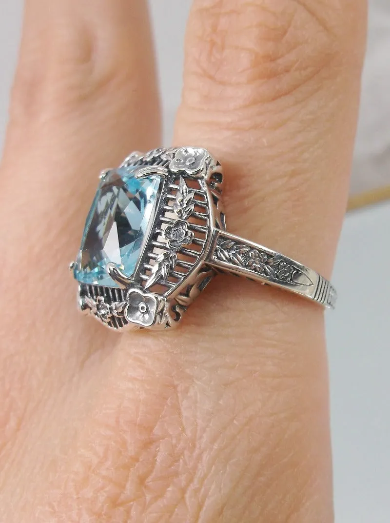 Aquamarine Picture Frame Ring, Victorian Floral Filigree Jewelry #D227
