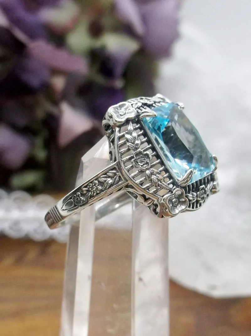Aquamarine Picture Frame Ring, Victorian Floral Filigree Jewelry #D227