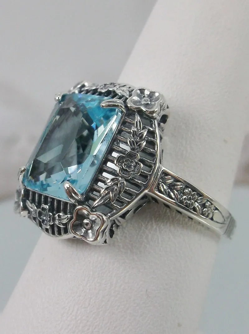 Aquamarine Picture Frame Ring, Victorian Floral Filigree Jewelry #D227