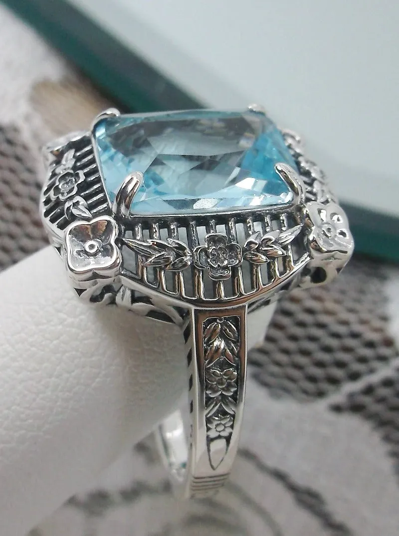 Aquamarine Picture Frame Ring, Victorian Floral Filigree Jewelry #D227