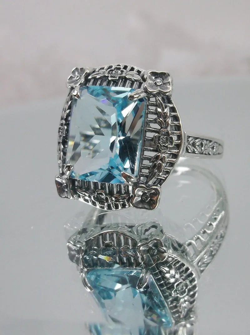 Aquamarine Picture Frame Ring, Victorian Floral Filigree Jewelry #D227