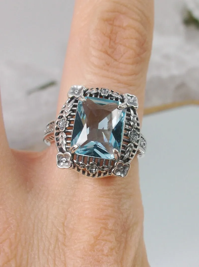 Aquamarine Picture Frame Ring, Victorian Floral Filigree Jewelry #D227