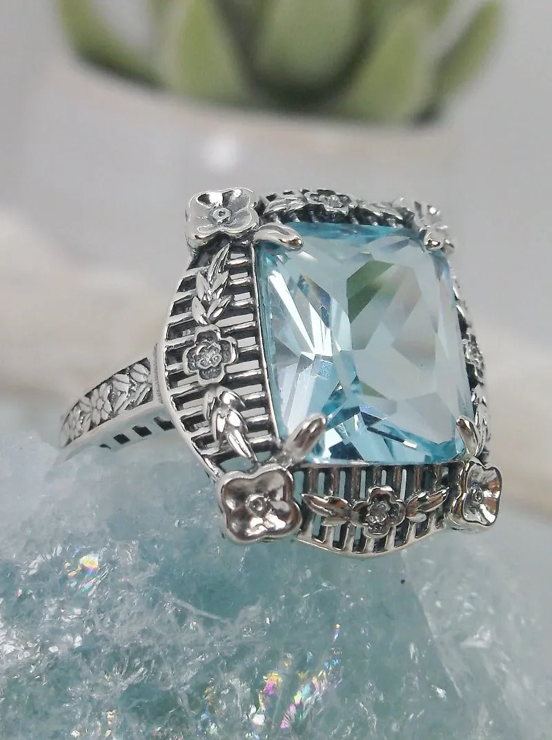 Aquamarine Picture Frame Ring, Victorian Floral Filigree Jewelry #D227