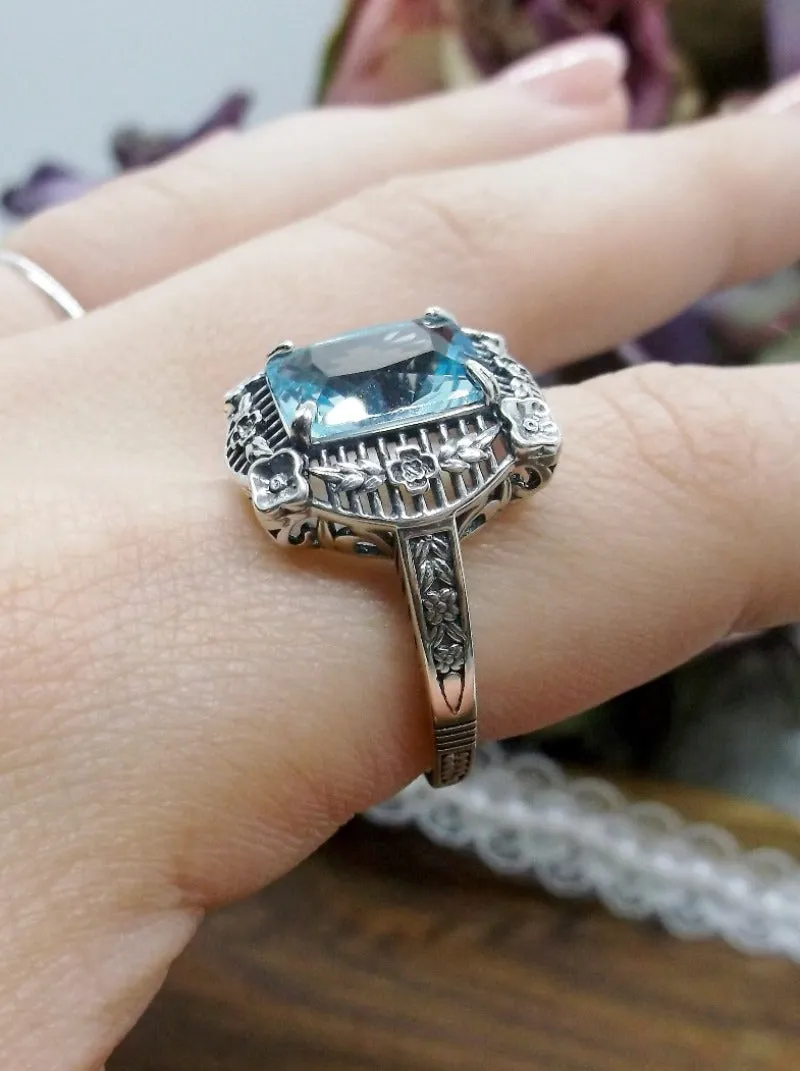 Aquamarine Picture Frame Ring, Victorian Floral Filigree Jewelry #D227