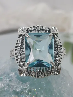 Aquamarine Picture Frame Ring, Victorian Floral Filigree Jewelry #D227