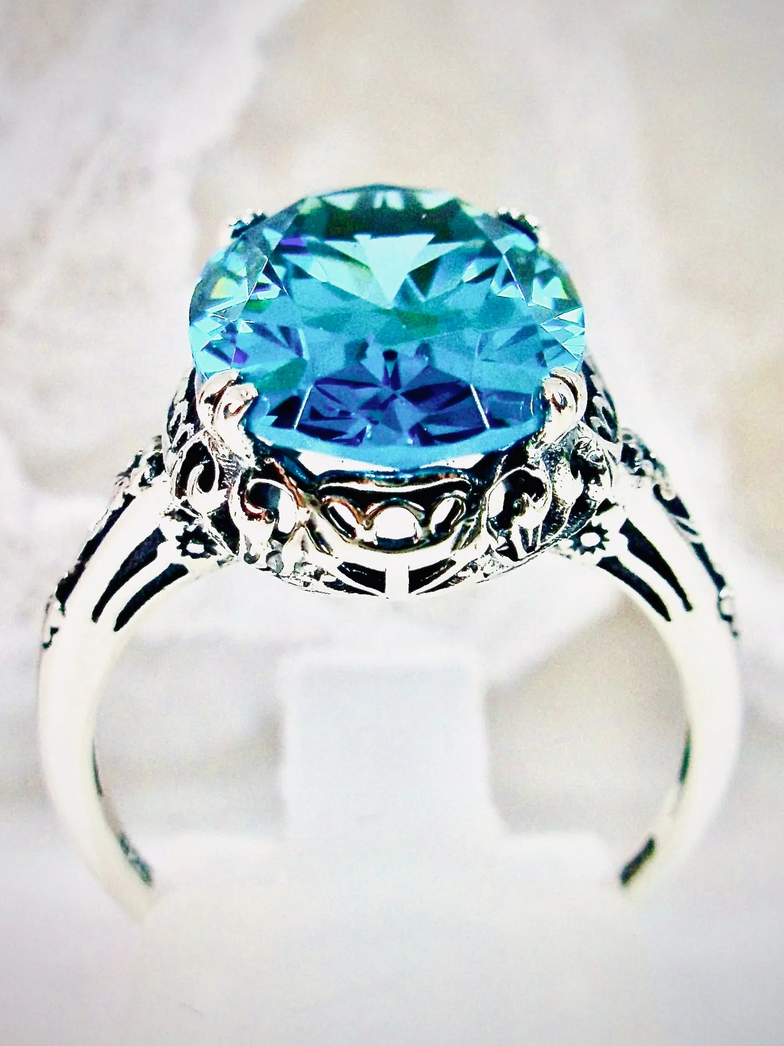 Aquamarine Ring, Aquamarine-Blue Cubic Zirconia, Sterling Silver Edwardian Jewelry #D70