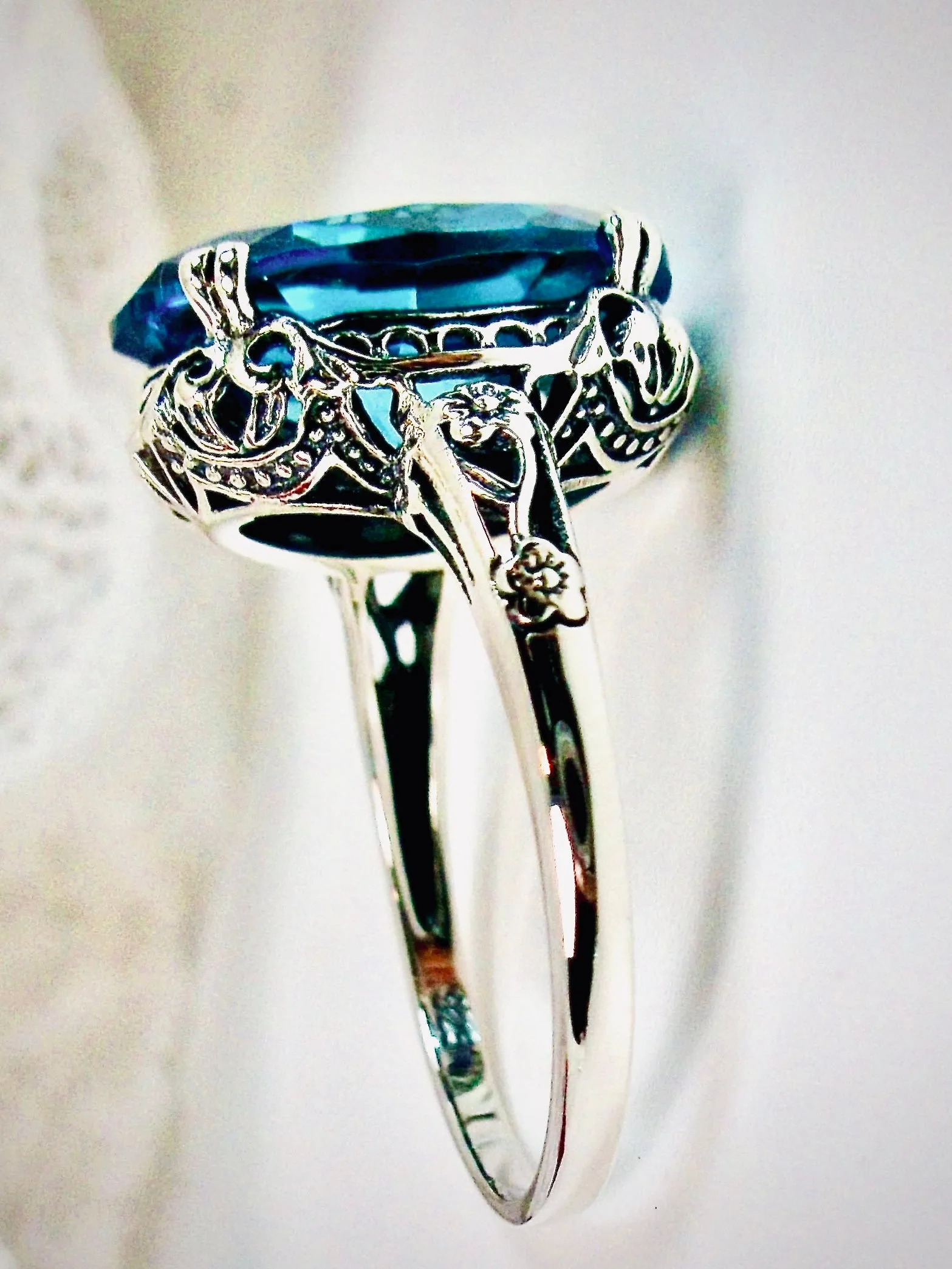 Aquamarine Ring, Aquamarine-Blue Cubic Zirconia, Sterling Silver Edwardian Jewelry #D70