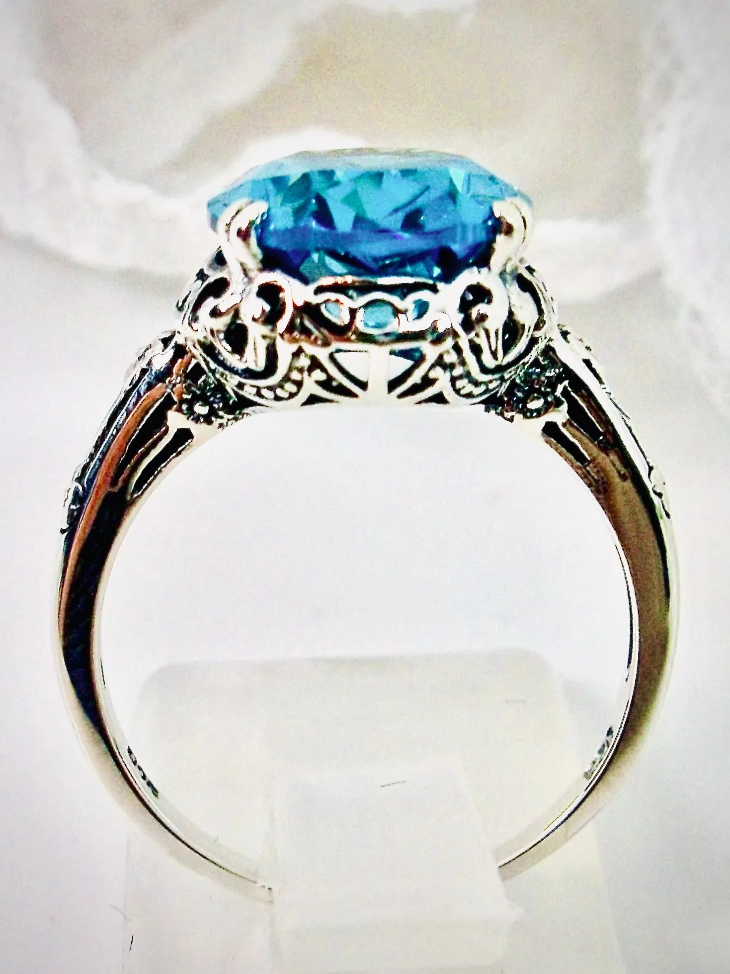 Aquamarine Ring, Aquamarine-Blue Cubic Zirconia, Sterling Silver Edwardian Jewelry #D70
