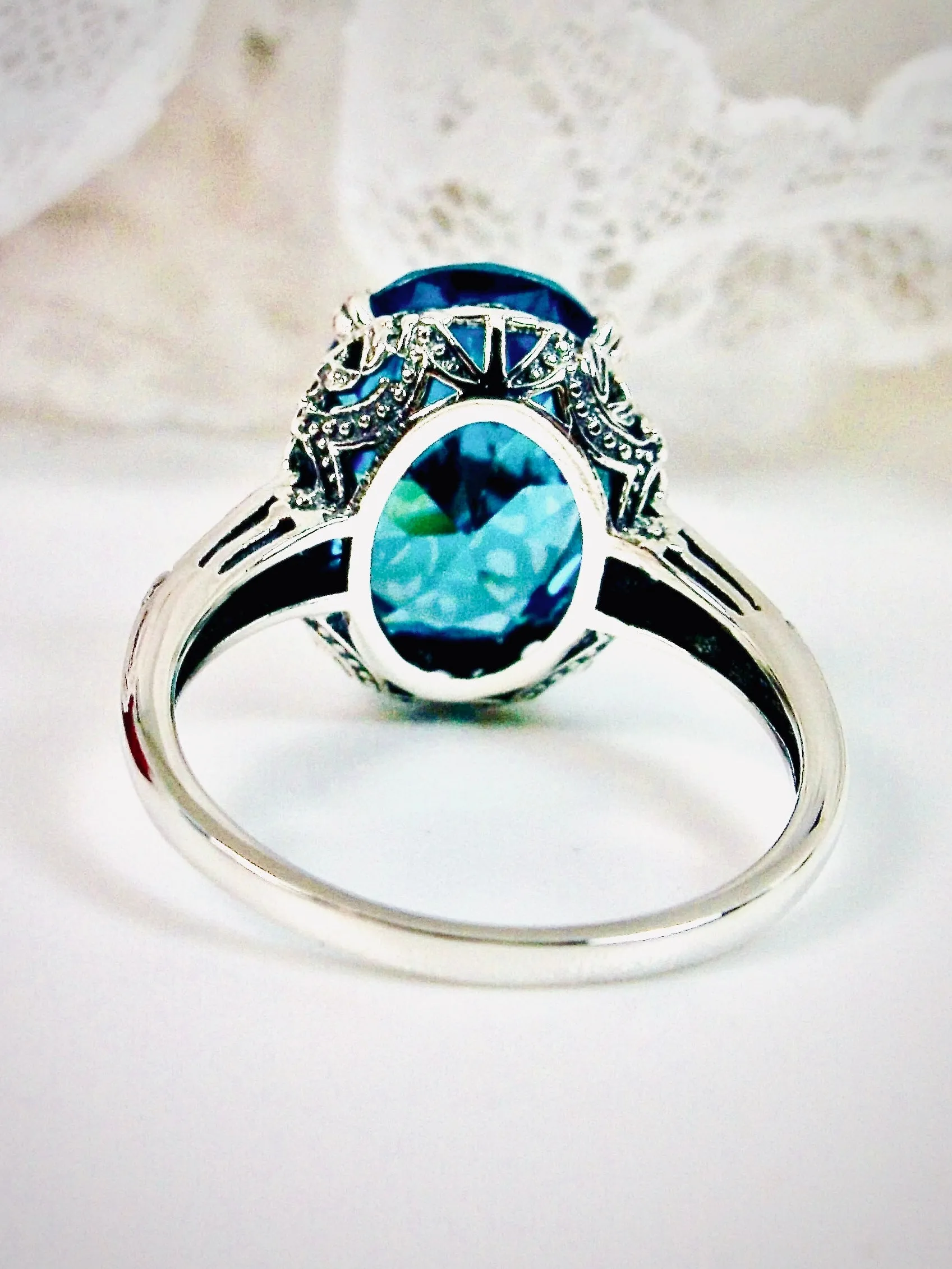 Aquamarine Ring, Aquamarine-Blue Cubic Zirconia, Sterling Silver Edwardian Jewelry #D70
