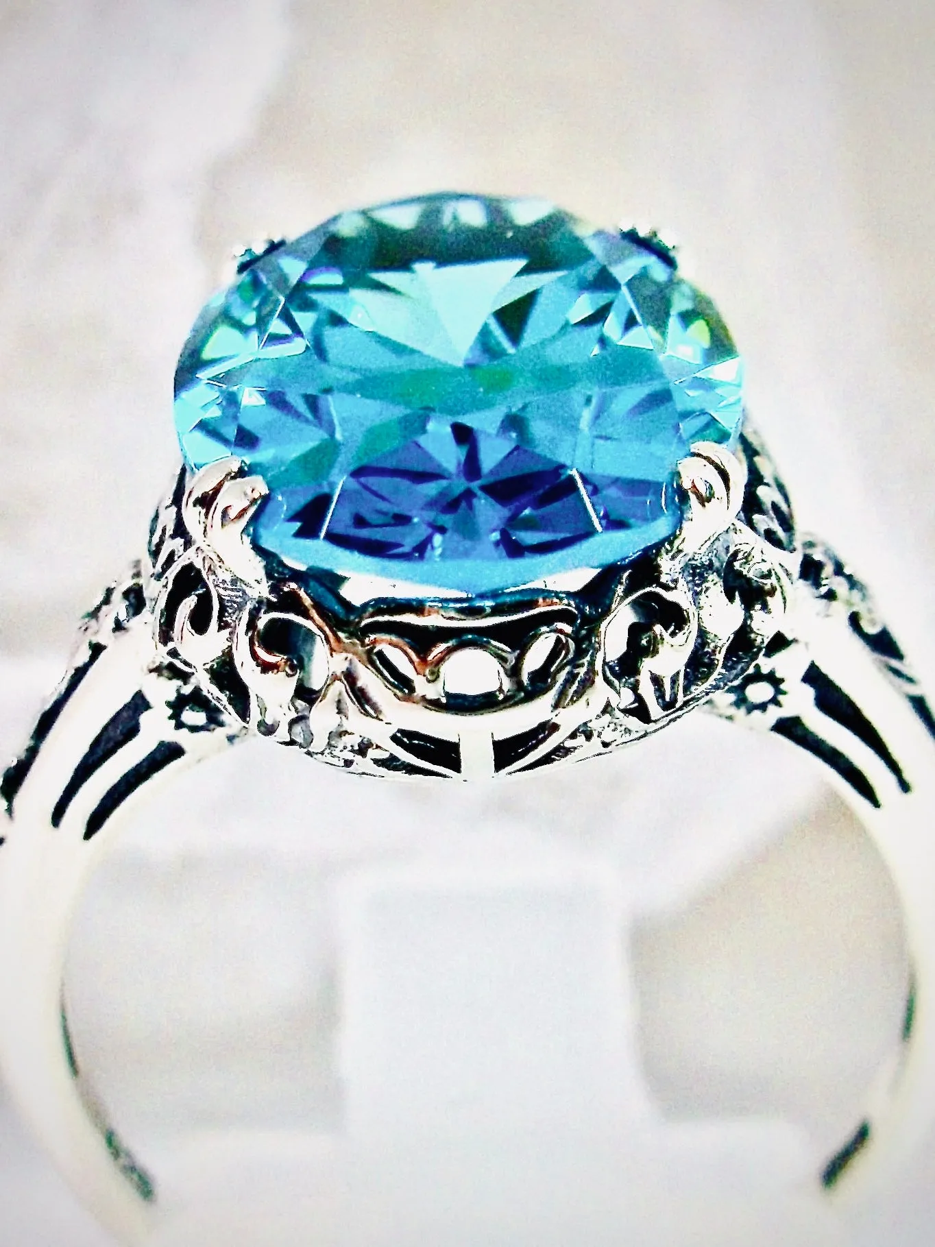 Aquamarine Ring, Aquamarine-Blue Cubic Zirconia, Sterling Silver Edwardian Jewelry #D70