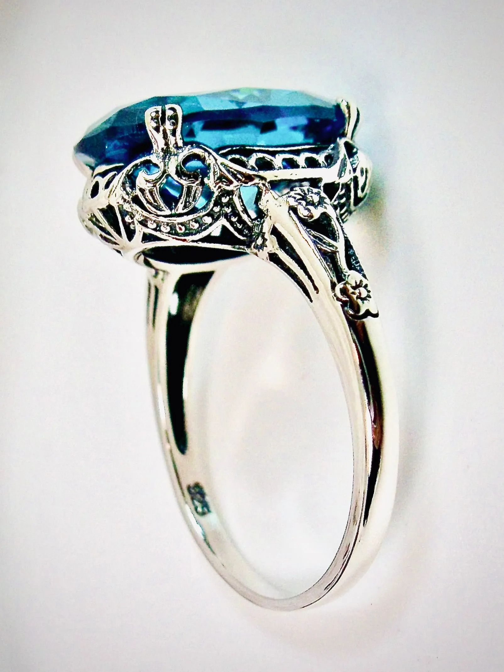 Aquamarine Ring, Aquamarine-Blue Cubic Zirconia, Sterling Silver Edwardian Jewelry #D70