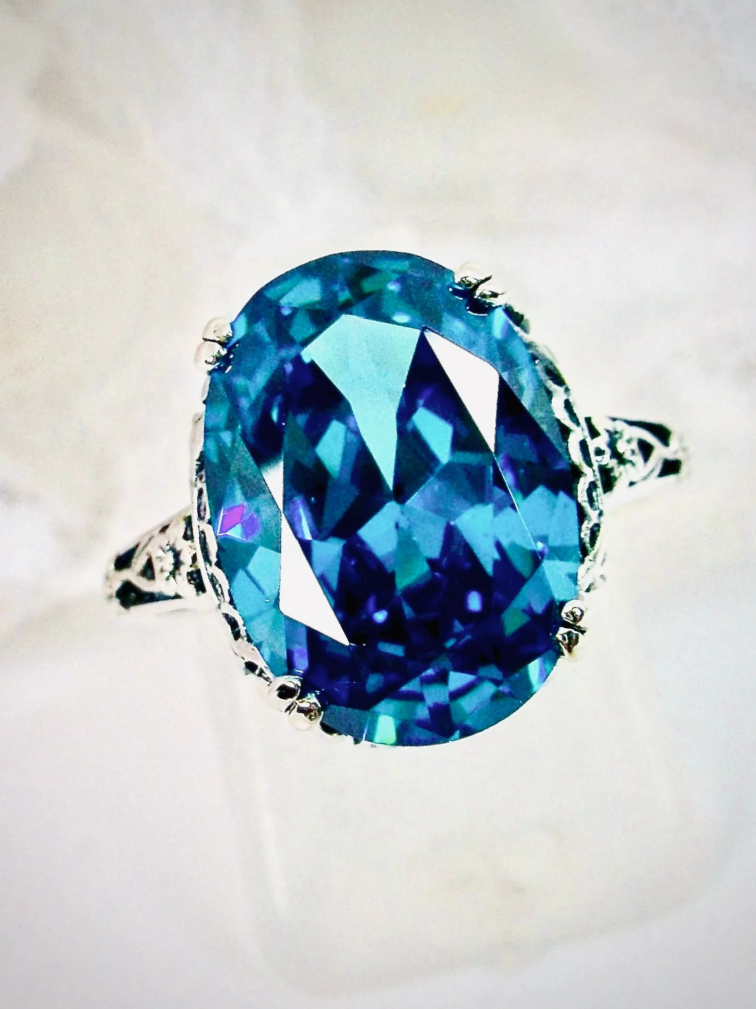 Aquamarine Ring, Aquamarine-Blue Cubic Zirconia, Sterling Silver Edwardian Jewelry #D70