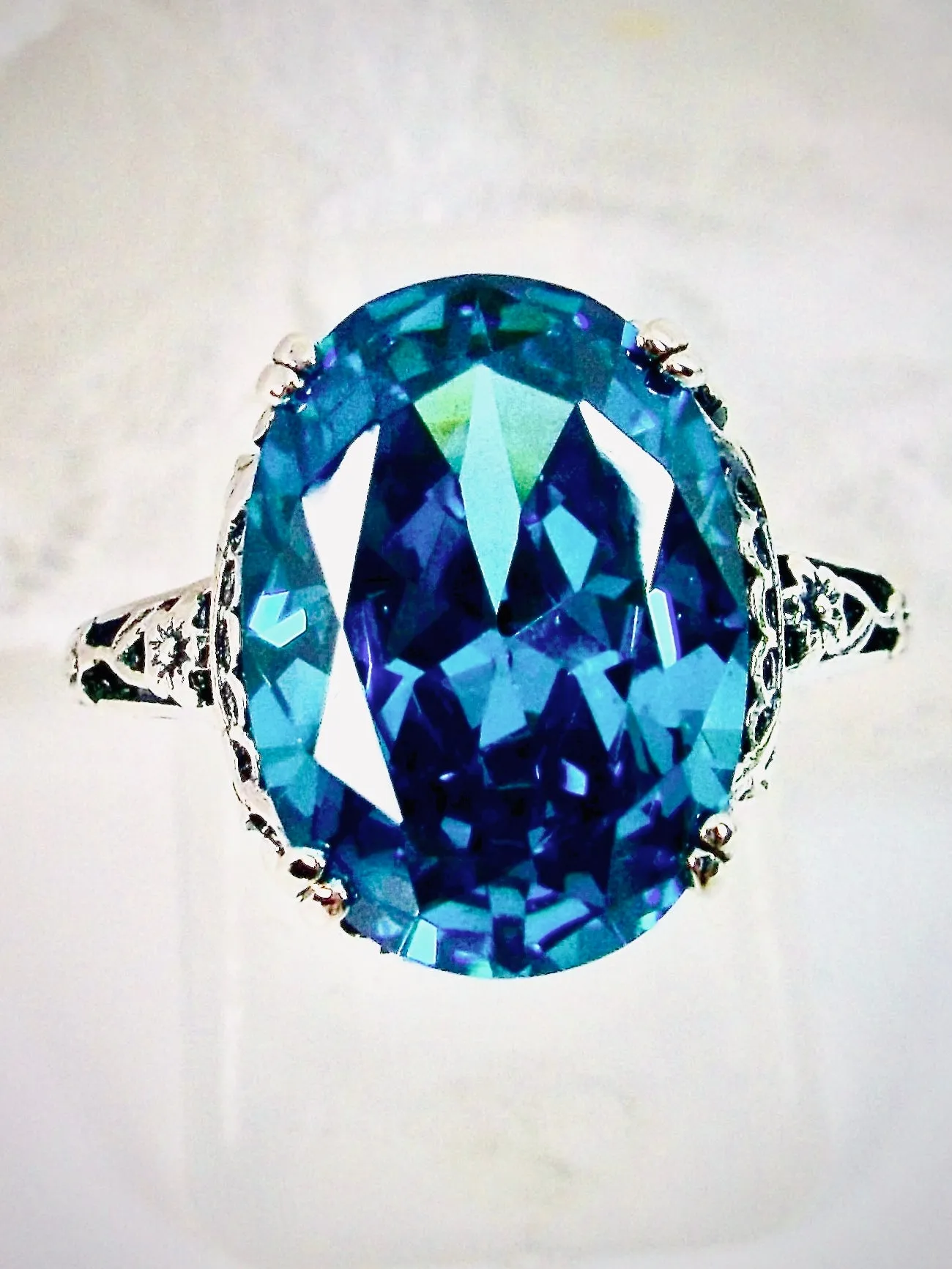 Aquamarine Ring, Aquamarine-Blue Cubic Zirconia, Sterling Silver Edwardian Jewelry #D70