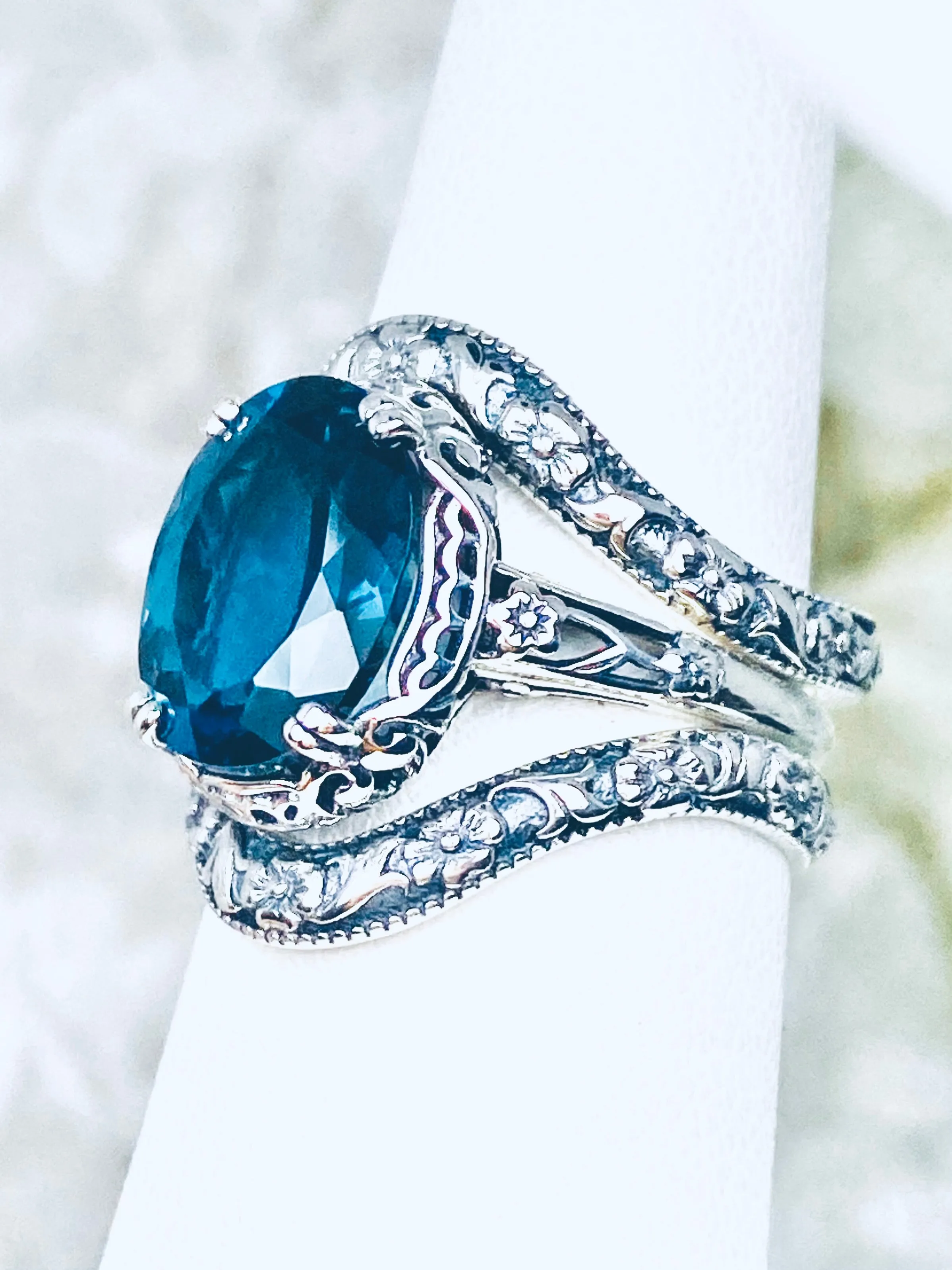 Aquamarine Ring, Aquamarine-Blue Cubic Zirconia, Sterling Silver Edwardian Jewelry #D70