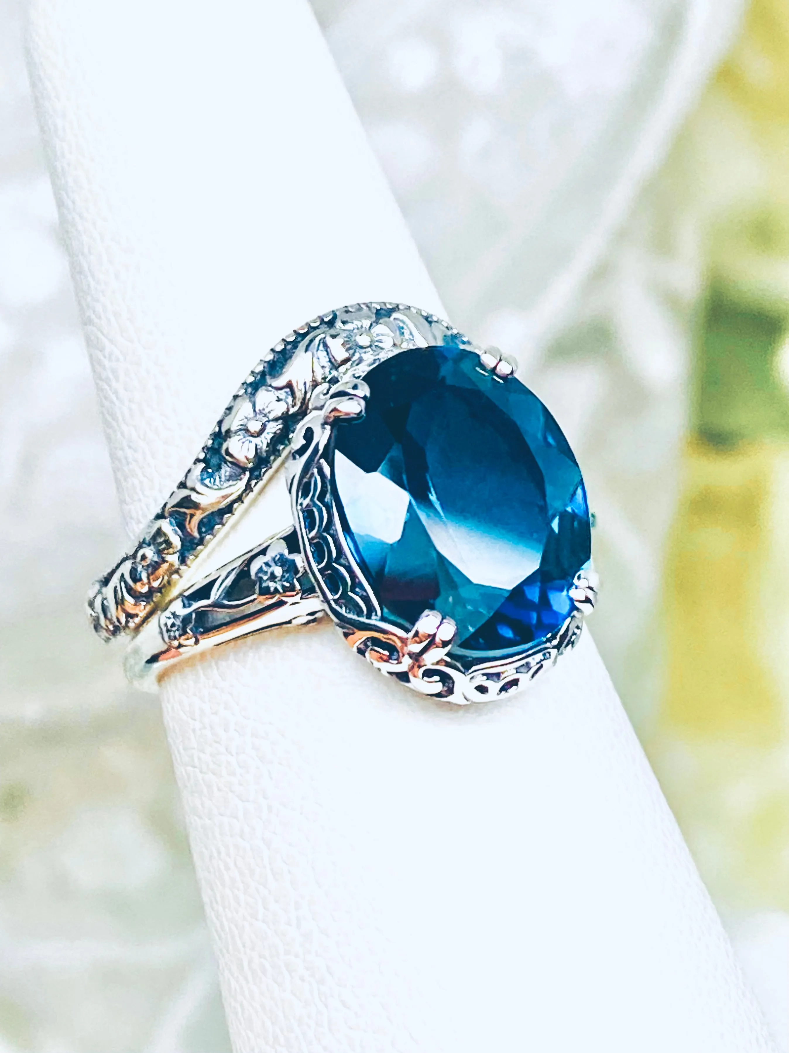 Aquamarine Ring, Aquamarine-Blue Cubic Zirconia, Sterling Silver Edwardian Jewelry #D70