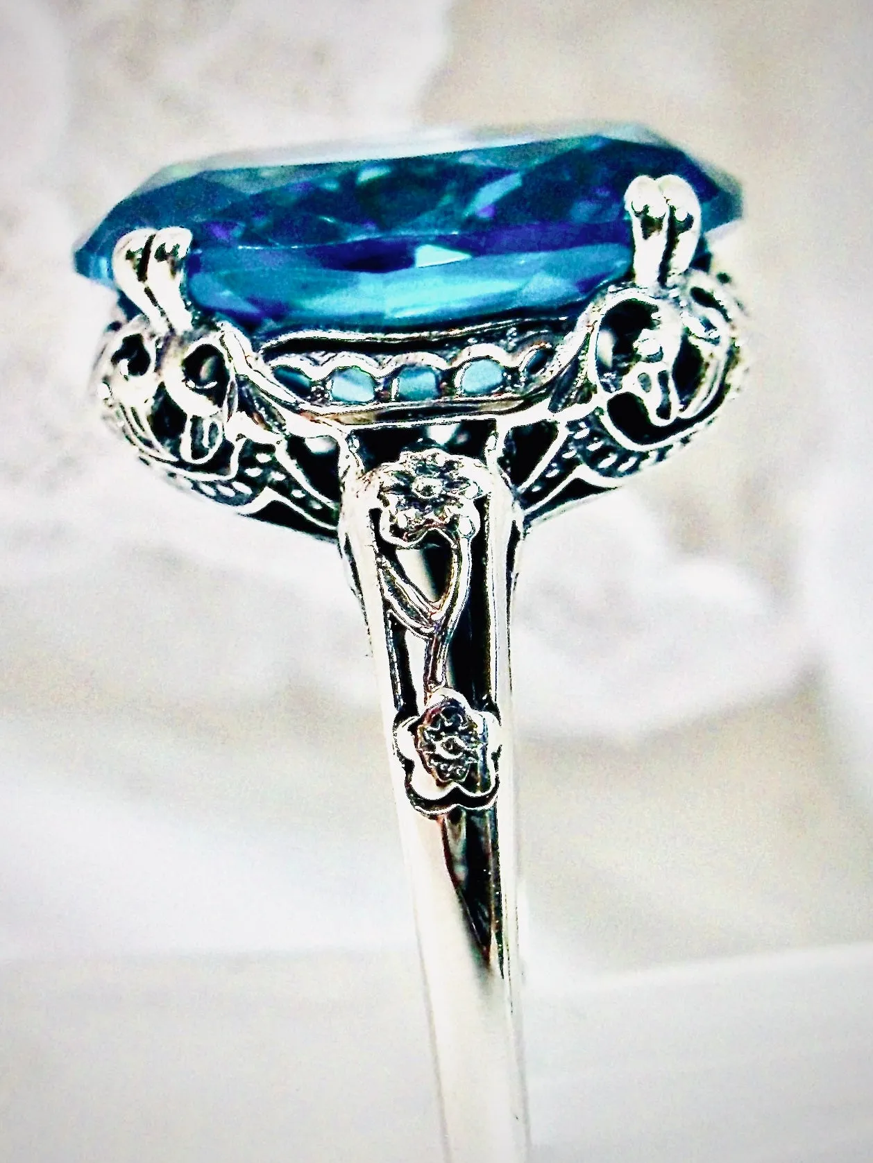 Aquamarine Ring, Aquamarine-Blue Cubic Zirconia, Sterling Silver Edwardian Jewelry #D70