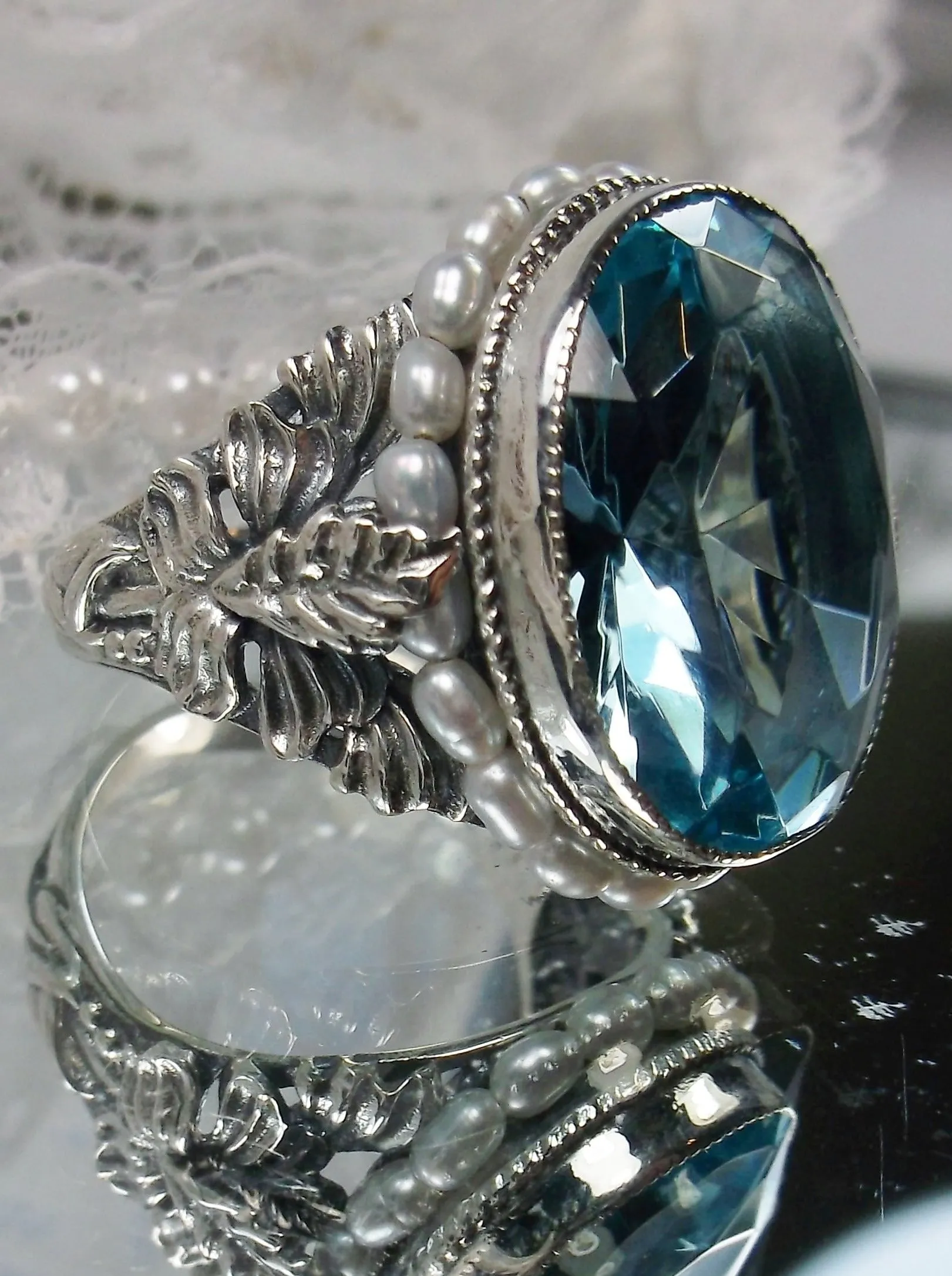 Aquamarine Ring, Aquamarine Blue Gem & Seed Pearl, Art Nouveau Jewelry #D207