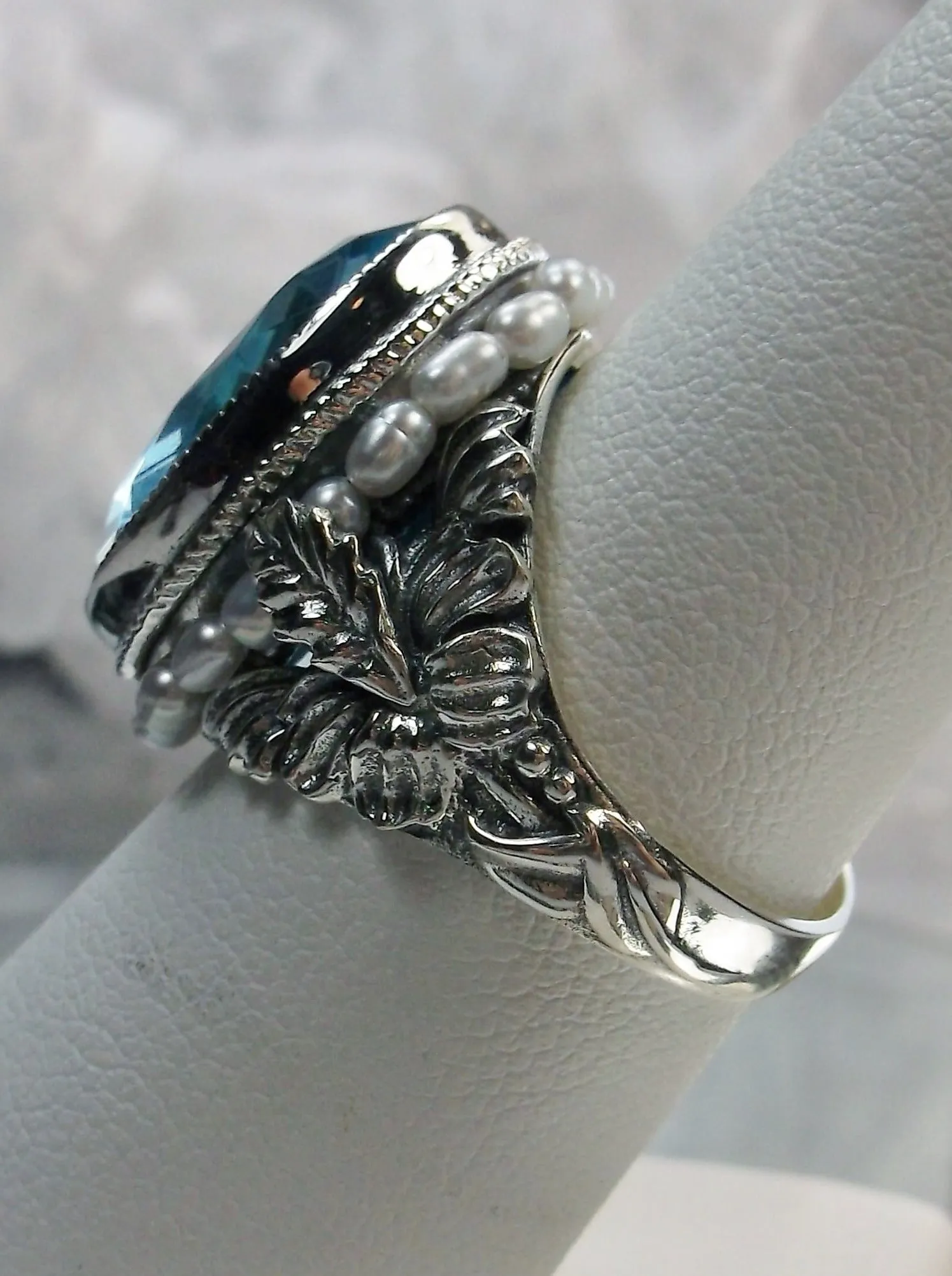 Aquamarine Ring, Aquamarine Blue Gem & Seed Pearl, Art Nouveau Jewelry #D207