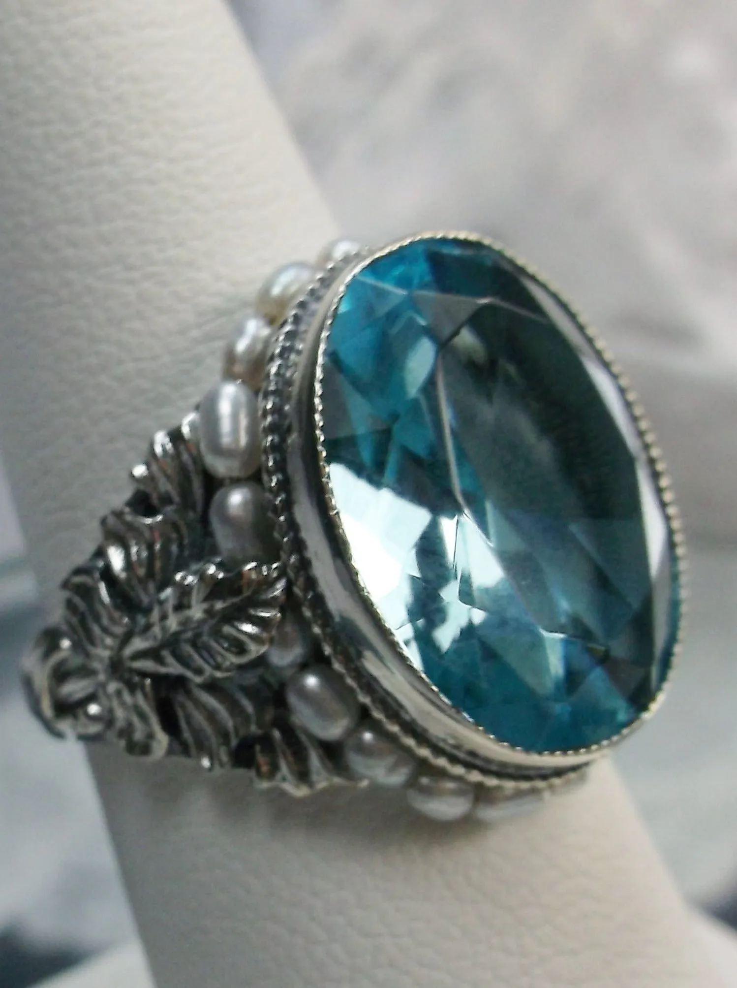 Aquamarine Ring, Aquamarine Blue Gem & Seed Pearl, Art Nouveau Jewelry #D207