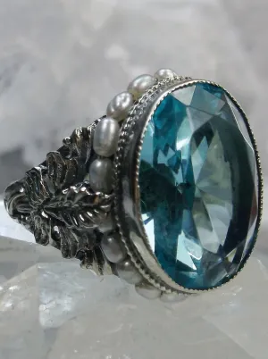 Aquamarine Ring, Aquamarine Blue Gem & Seed Pearl, Art Nouveau Jewelry #D207