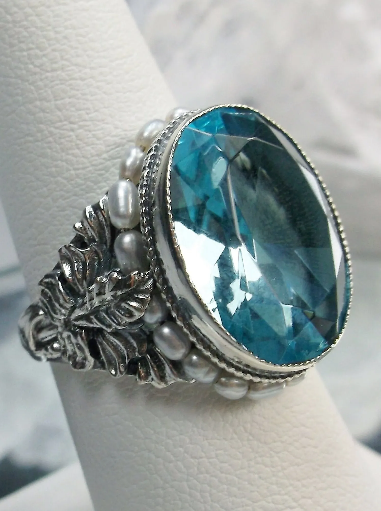 Aquamarine Ring, Aquamarine Blue Gem & Seed Pearl, Art Nouveau Jewelry #D207