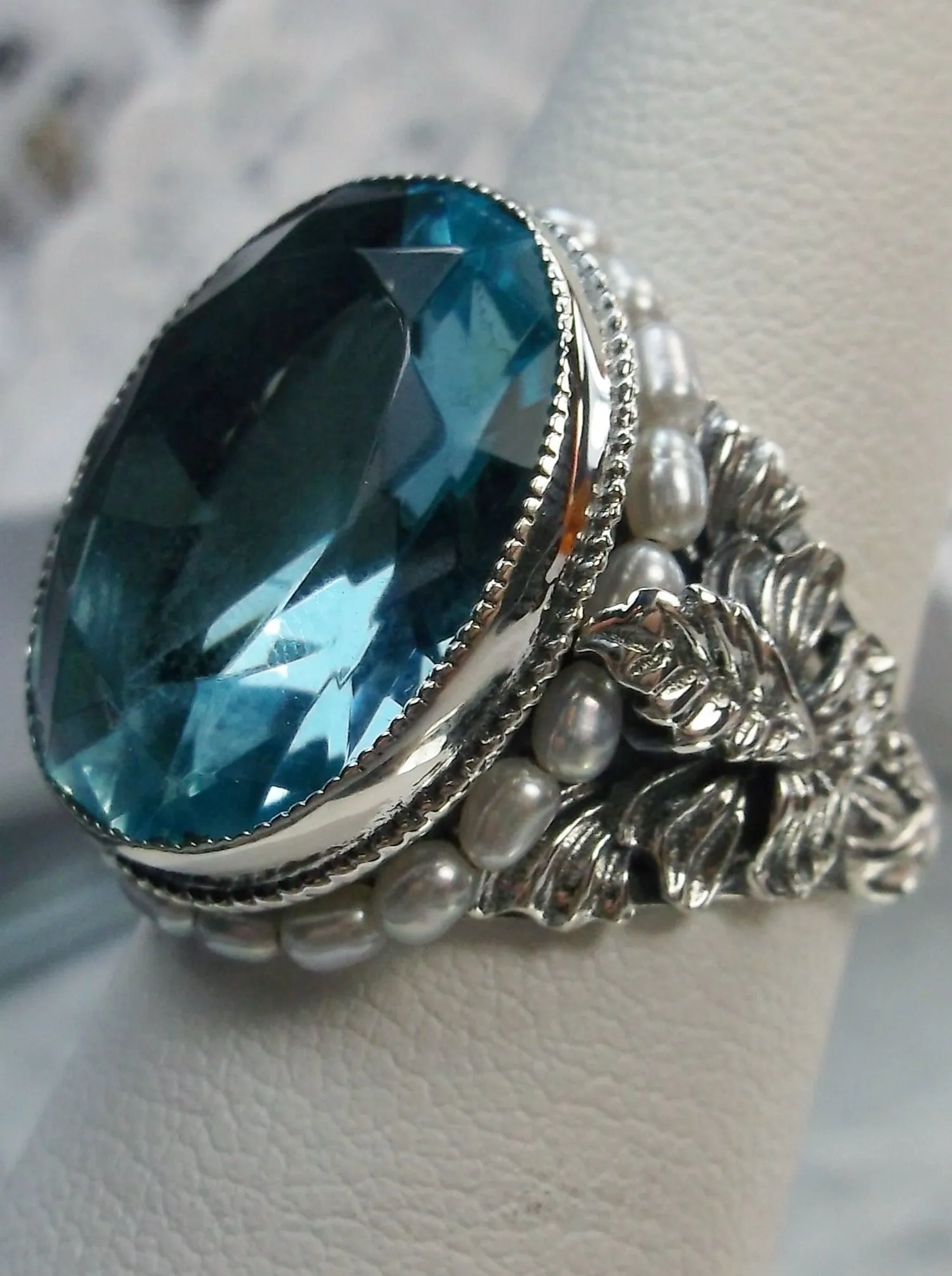 Aquamarine Ring, Aquamarine Blue Gem & Seed Pearl, Art Nouveau Jewelry #D207