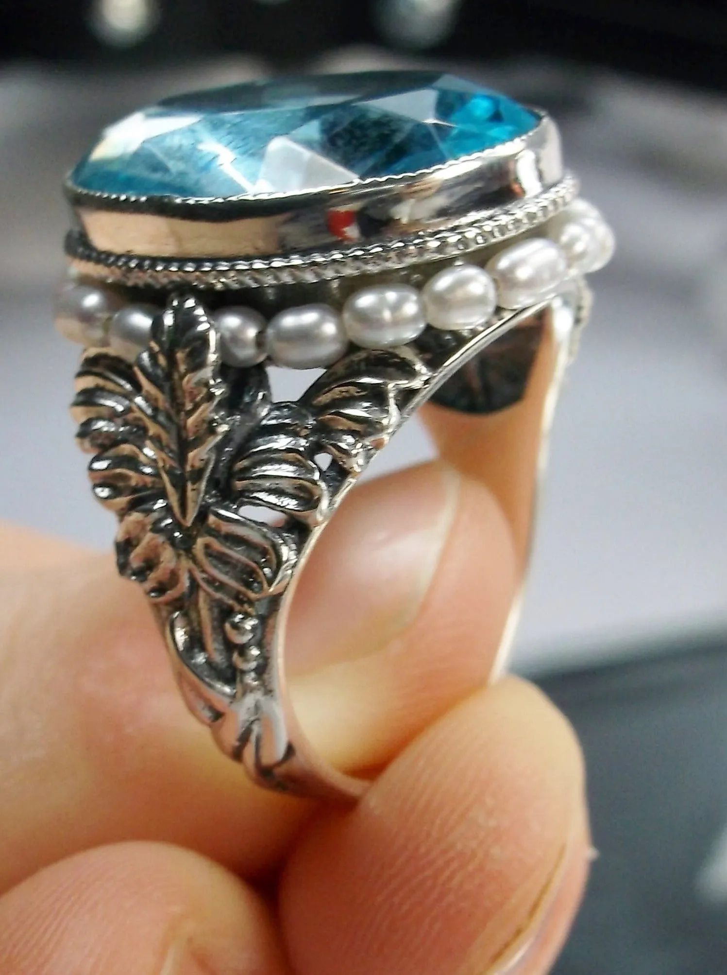 Aquamarine Ring, Aquamarine Blue Gem & Seed Pearl, Art Nouveau Jewelry #D207