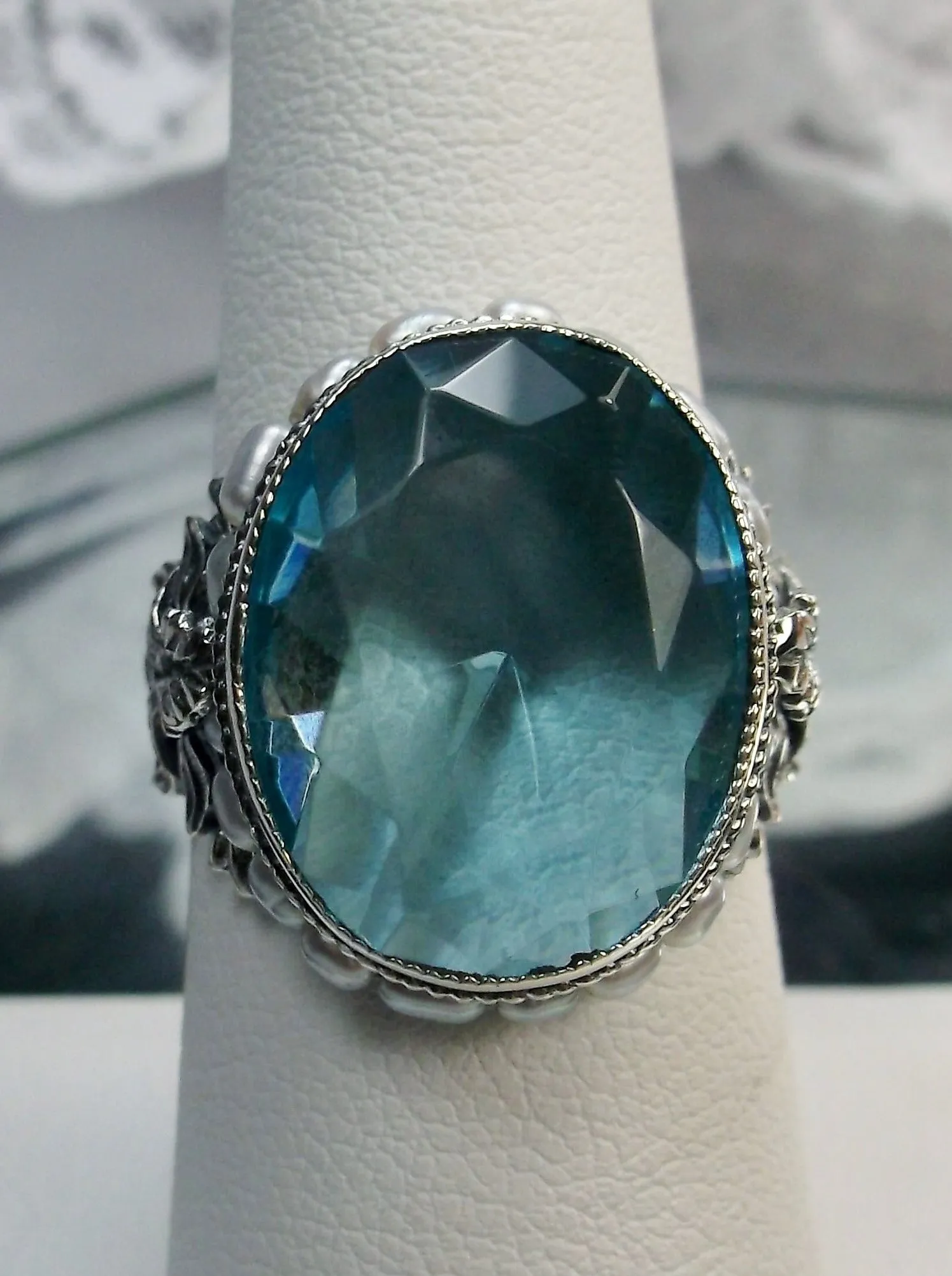 Aquamarine Ring, Aquamarine Blue Gem & Seed Pearl, Art Nouveau Jewelry #D207