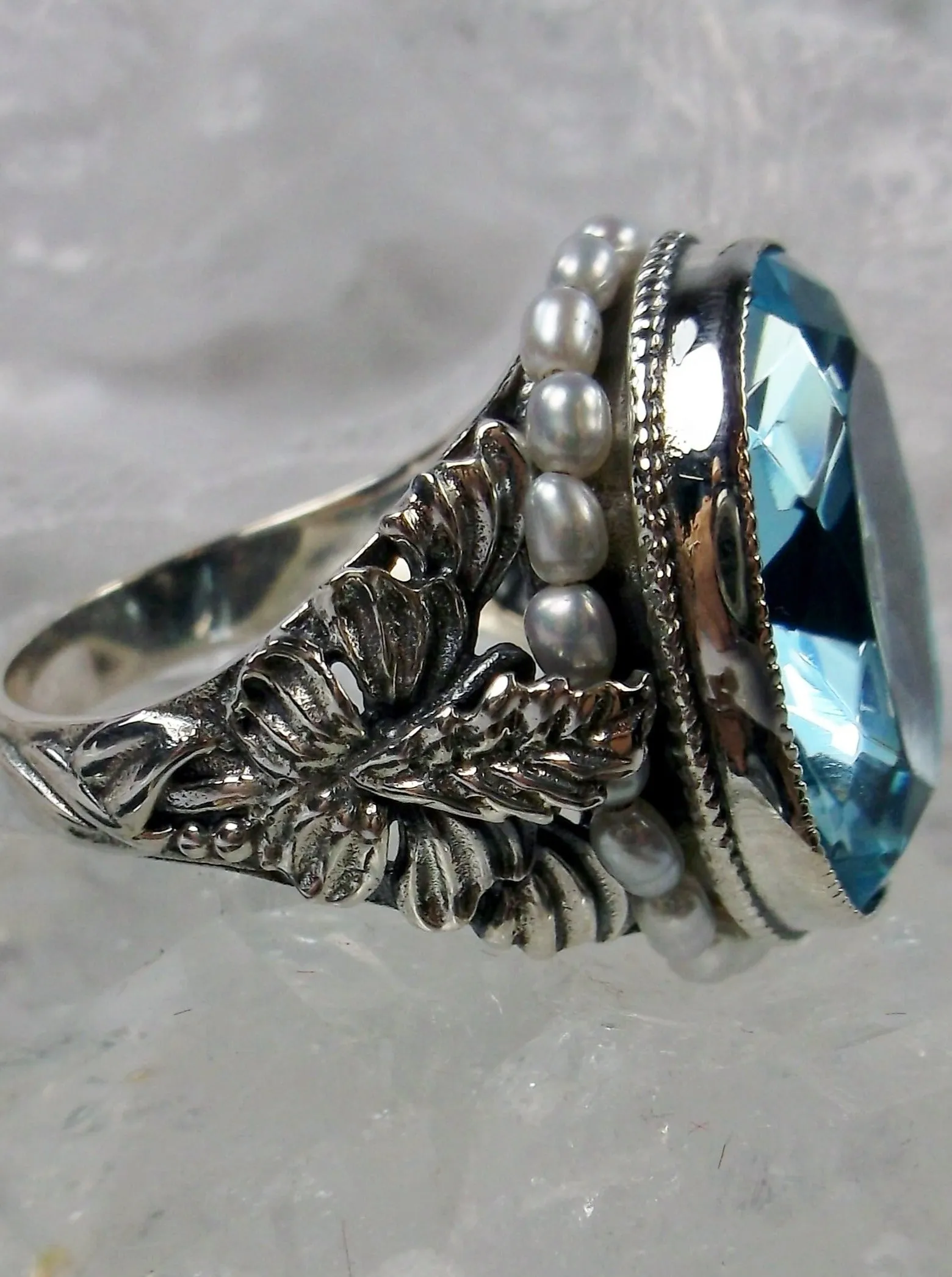 Aquamarine Ring, Aquamarine Blue Gem & Seed Pearl, Art Nouveau Jewelry #D207